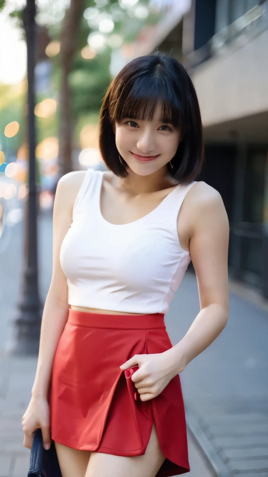 Japanese、beautiful girl、１２age、Short hair、Fat body、very thick body、bust is very big、Photographed from directly in front、sleeveless small clothes、Understand the shape of your bust、very short skirt、Have a skirt hem、showing panties、smiling face、urban street background、The body is facing forward、Grab the skirt with both hands、showing panties、Panties in full view、legs open、look forward、Lifting a short skirt、