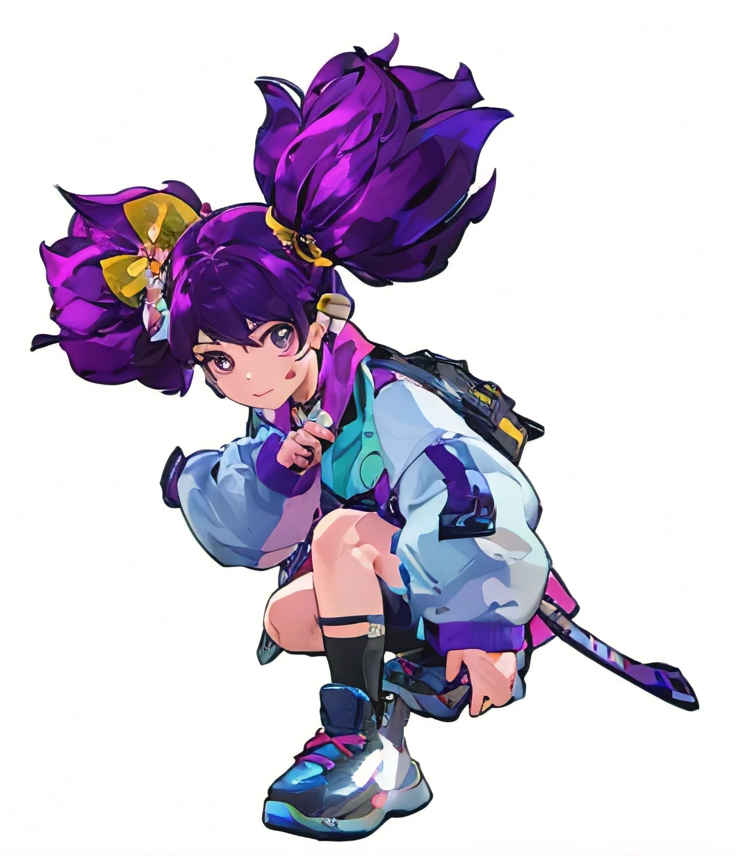 A head of purple hair、Close-up of man carrying backpack, katana zero video game character, official character art, style, 正当的style, fighting game characters, official artwork, Misaki Juri, character artwork, Maple Leaf Story Character Art, main character, Mai Yoneyama, official art, 乔乔style, WHO