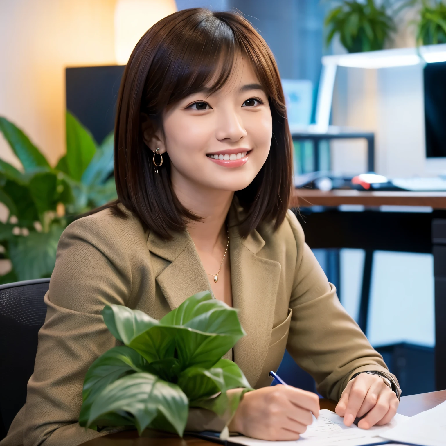 The image depicts an Asian woman smiling warmly during an interview. She is sitting with an upright posture, her gaze directed slightly to the left towards an interviewer who is not seen in the frame. Her smile conveys approachability and confidence. She has medium-length dark hair that is styled neatly, complementing her professional appearance. She is wearing a smart blazer over a blouse, suitable for a business environment. The office setting is well-lit, with soft lighting that enhances her engaging expression. In the foreground, a microphone is directed towards her, indicating the interview situation. The background is a blur of indoor plants and modern office decor, creating a corporate atmosphere.