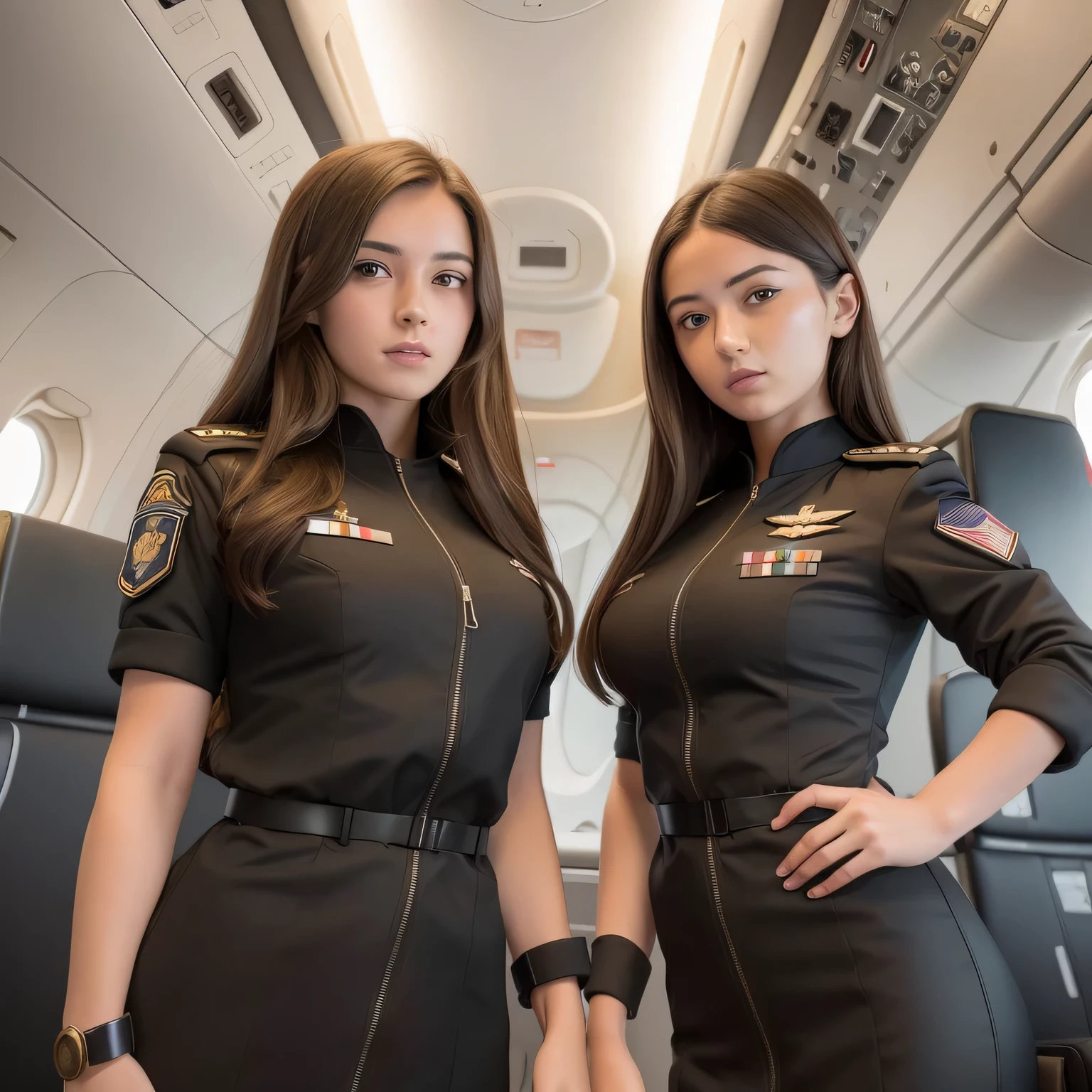 two women in uniform standing in an airplane cabin, alena aenami and lilia alvarado, perfect military composure, pilot girl, symmetric!, pilot outfit, cute pilot girl, beautiful angle, jet wings on the back, beautiful sci - fi twins, symmetric!!, tight attire, with two pairs of wings, maxim sukharev, excellent contrast