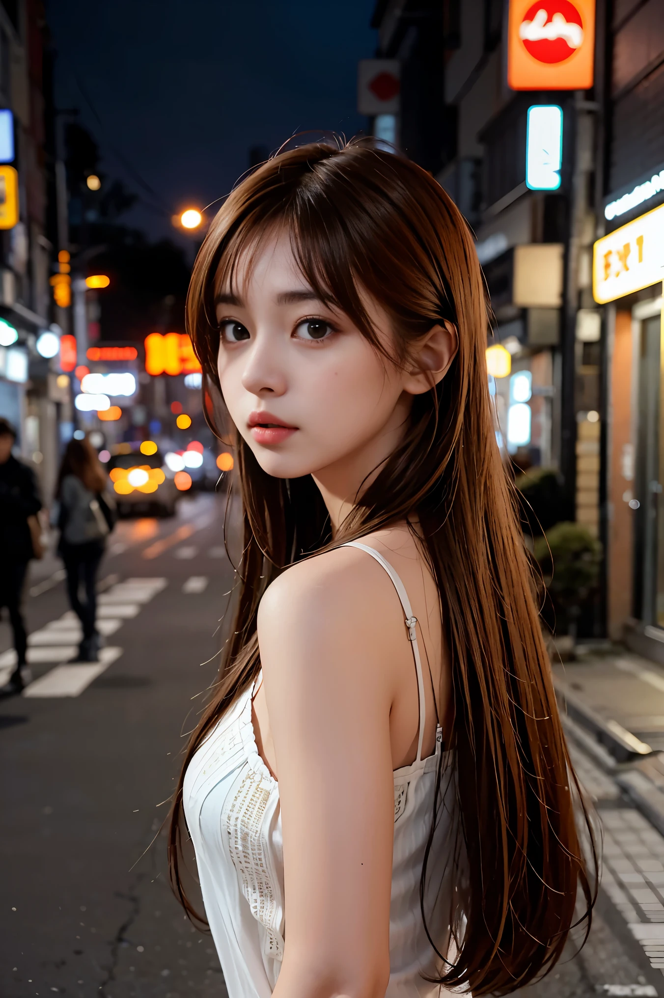 1 girl, cute,brown hair,tokyo street,night, cityscape,city lights, Upper body,close, 8K, RAW photo, highest quality, masterpiece,realistic, photo-realistic,