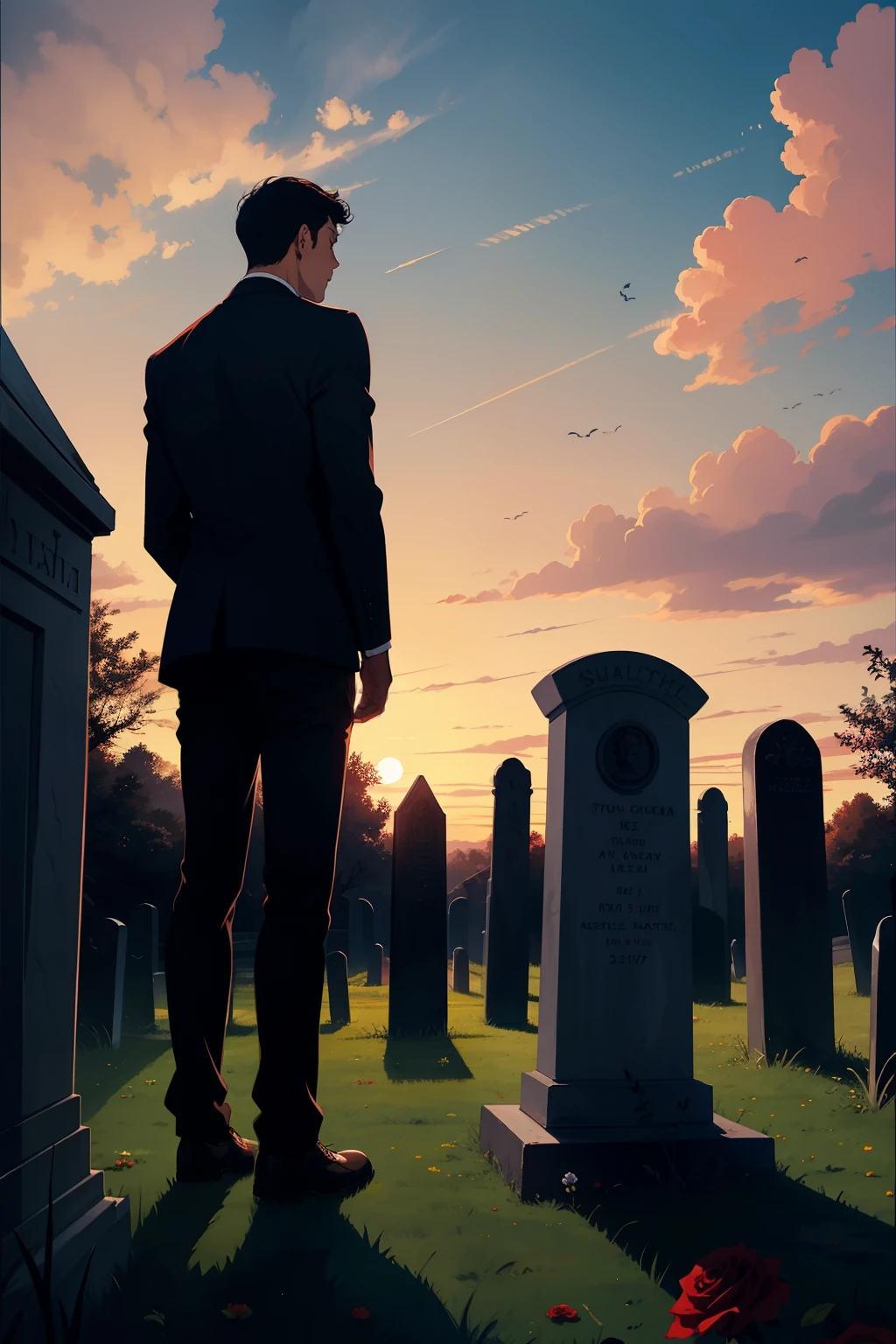 Animation style,Two men,back view,tombstone,roses,sunset,a black cat