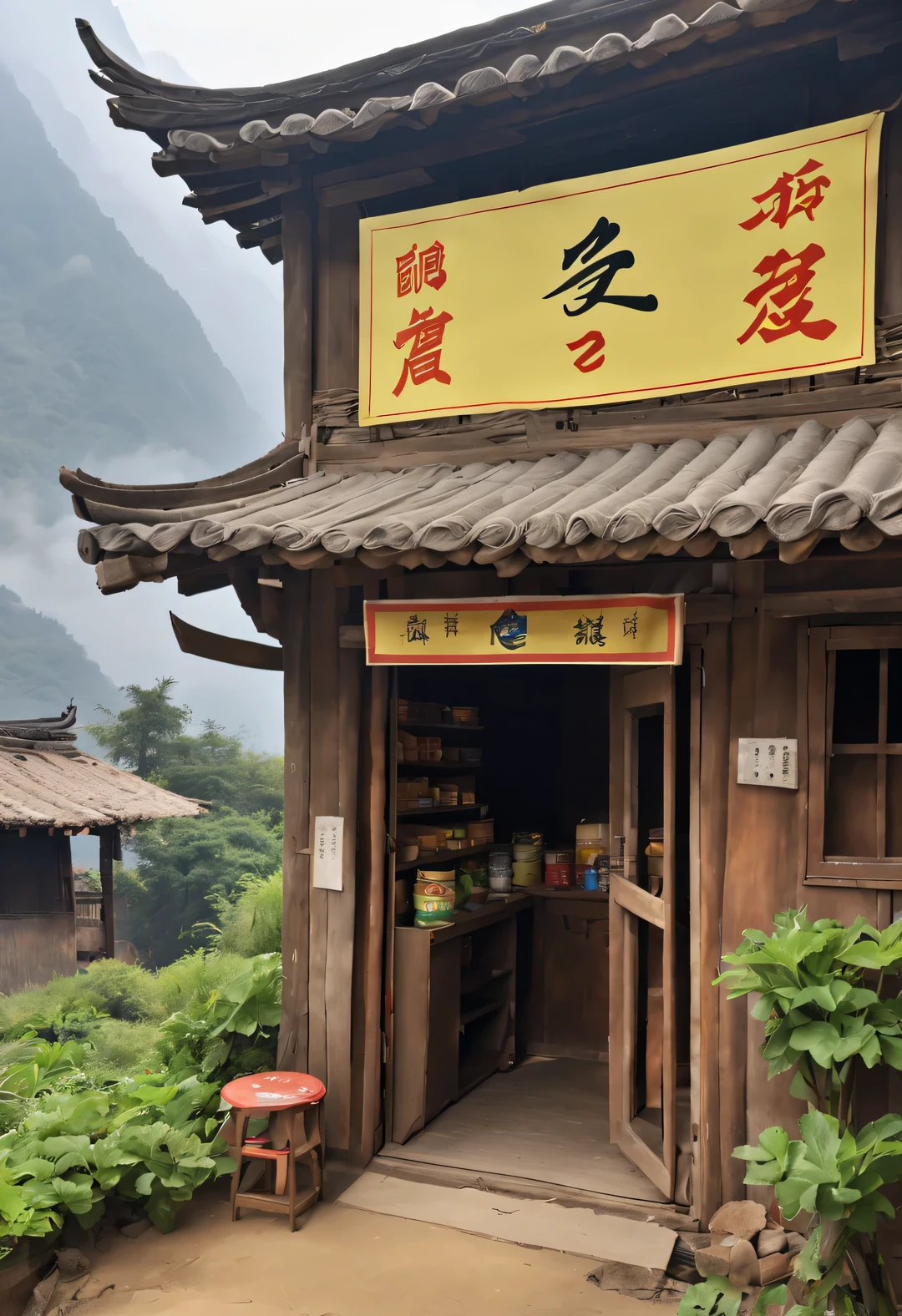 A small courtyard in rural China，There is a dilapidated wooden house inside，The cabin is a canteen，There are three words written on the door of the house &Quote;commissary&Quote; It says.，There are wooden shelves in the house，It’s stuffed with all kinds of snacks，The background is the mountains of Yunnan，shrouded in mist