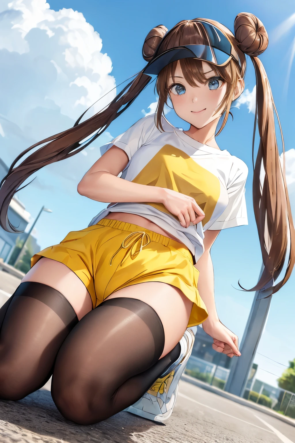 table top、highest quality、High resolution、1 girl、low length、Slender、shy smile、brown hair, bun hair, blue eyes, long twin tails, visor cap,( black tights), raglan sleeves, yellow shorts,shirt, pink bow, watch、outdoor、Photo of the subject from below、tits、((Loose shorts、white Panties are visible through the gap between the yellow shorts、panty peek, swhite panties, pantyshot))、raising one knee、Super perspective、wide shot