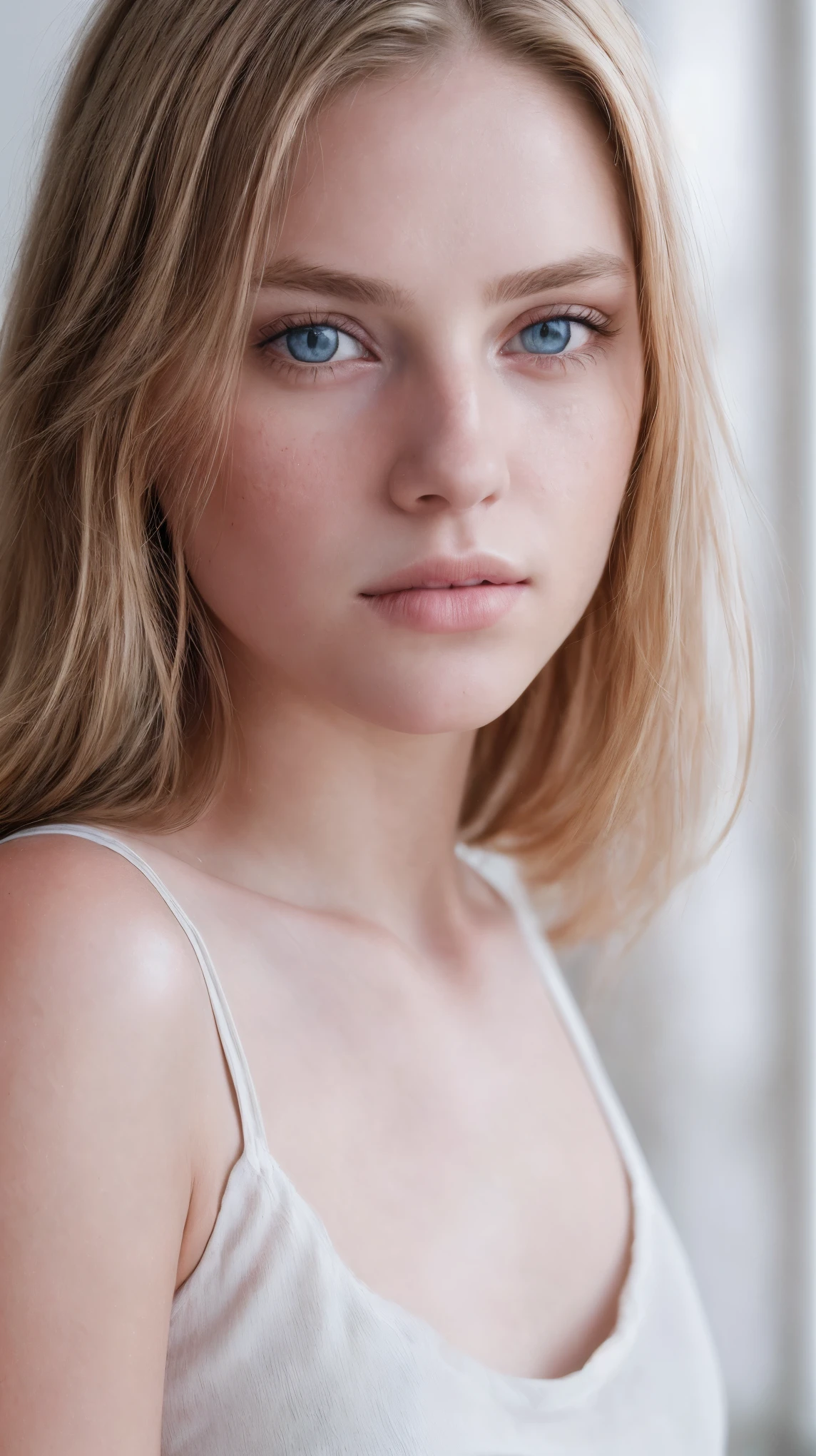 RAW photo, Portrait of a pretty blonde 15 year old girl wearing a white t-shirt (highly detailed skin:1.2), vivid blue eyes, thin face with thin nose, sad face, 8k UHD, DSLR, soft lighting, high quality, filmic grain , Fujifilm XT3