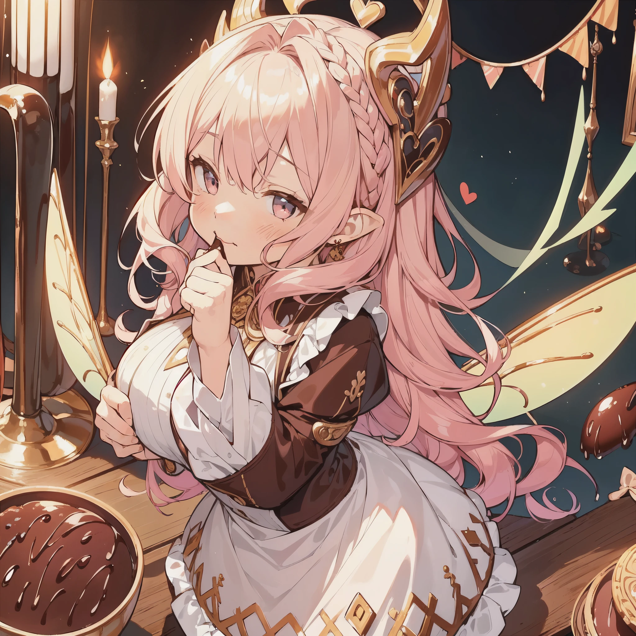 best quality,insanely detailed,beautiful,exquisite,16K,Full-HD,absurdres,((white background)),((Upper body:1.5)),((overlooking)),golden ratio,only one person,((((ラッピングされたchocolateに恥ずかしそうに口元を隠す:1.8)))),(upward glance),See here,pastel colour,((((face forward:1.5)))),chocolate,smile,happiness,embarrassed,make your cheeks red,Big eyes,chocolateイメージした大きくて美しいドレス,Wooden kitchen,Intricate billowing ball gown with ruffles, lace and rhinestones,Heart mark dancing, ((Huge beautiful fairy wings grow out of her back.)),gradient hair, golden hair, hair in the wind, wavy hair,fluffy hair,tiara,earrings,long eyelashes, light pink blush,pointed ears, golden hour,(fantasy-inspired), (warm lighting),