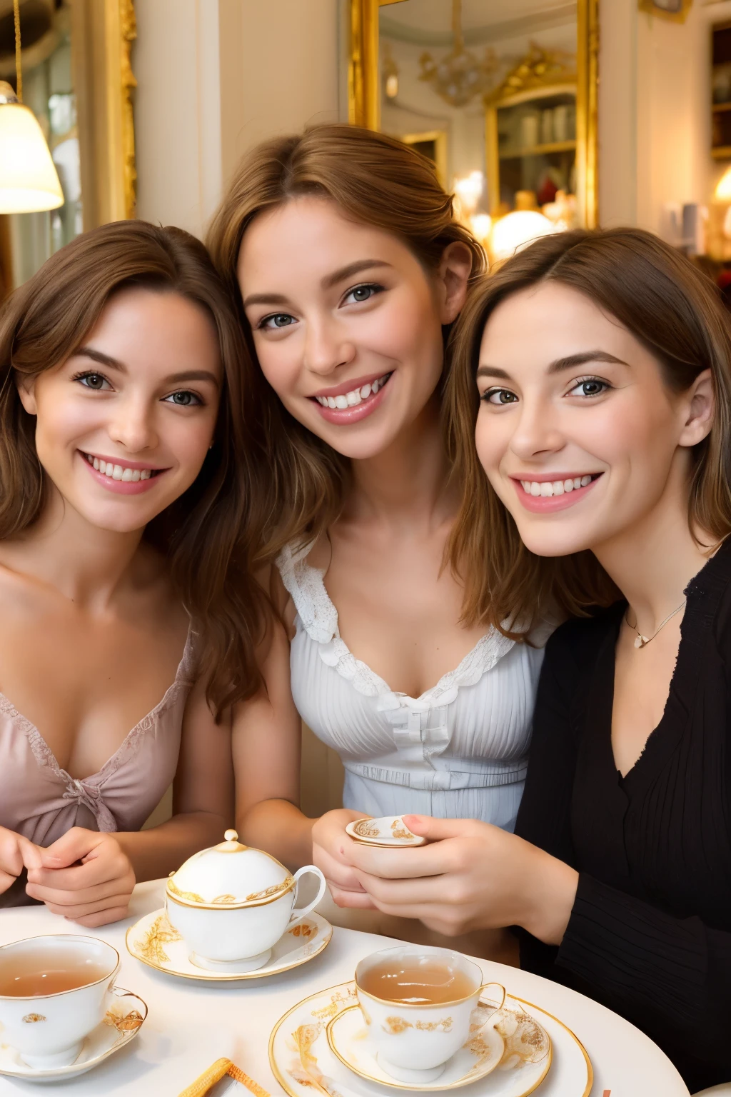 a realistic photo of three friends having tea in a chic Parisian tea room, elles sont heureuse et souriante, l'ambiance est chaleureuse