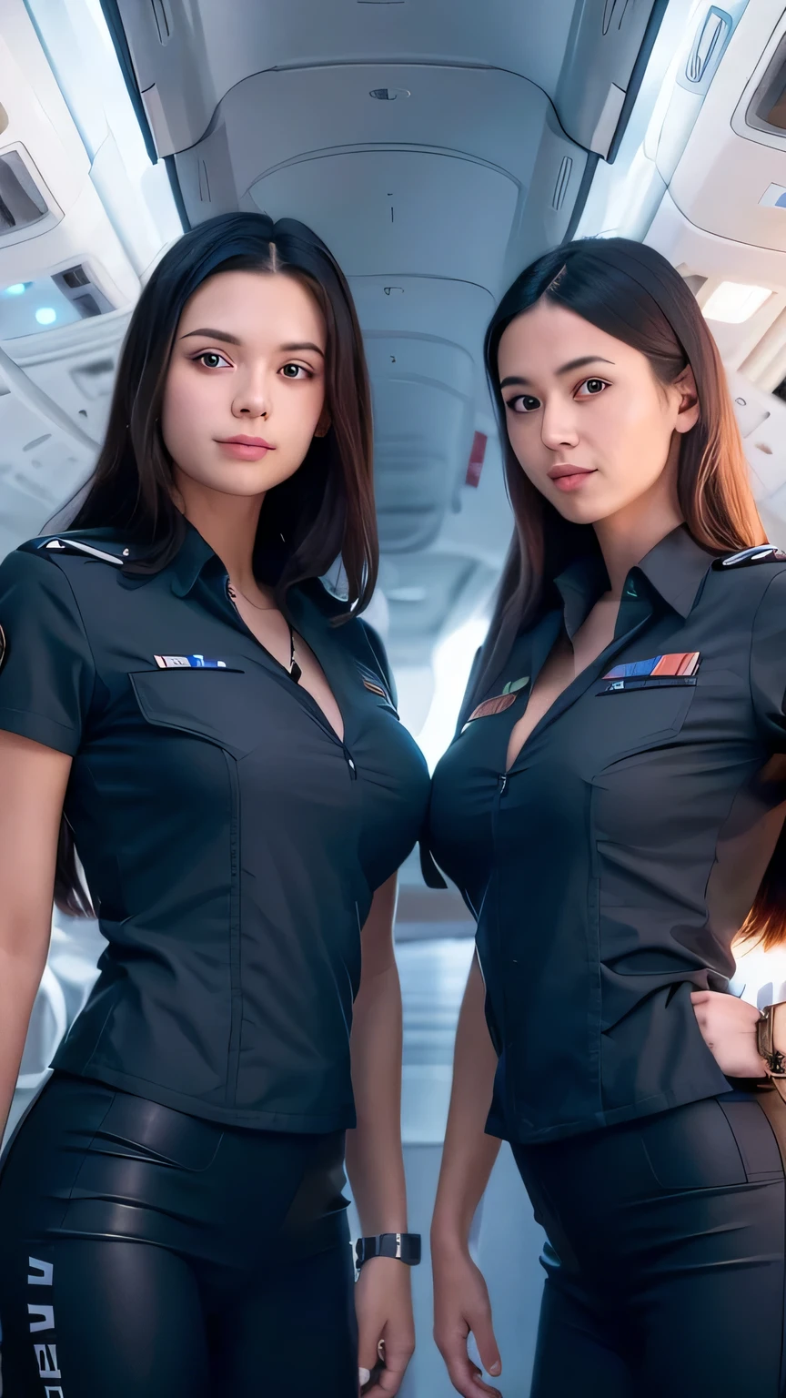 two women in uniform standing in an airplane cabin, alena aenami and lilia alvarado, perfect military composure, pilot girl, symmetric!, pilot outfit, beautiful angle, cute pilot girl, jet wings on the back, beautiful sci - fi twins, symmetric!!, tight attire, with two pairs of wings, maxim sukharev, excellent contrast