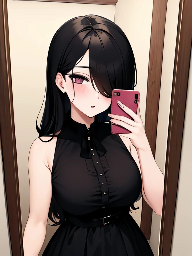 woman,mirror selfie,blush, upper body view, goth, black hair covering eye, hair over eye, mirror, face, eyeliner, gothic dress, bathroom