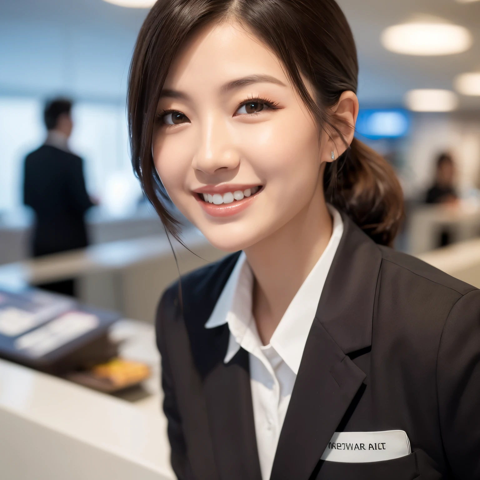 ((highest quality、table top、8K、best image quality、hyper realism))、1 female cabin attendant、(Close-up of a woman's face:1.3)、airport check-in counter background、A woman working at the airport check-in counter、blurred background、Recreate a perfect and detailed check-in counter、(The perfect stewardess uniform:1.1)、chignon、the biggest smile、white big teeth、perfect makeup、long eyelashes、Look at me、smile your best smile、perfect anatomy、bright lighting