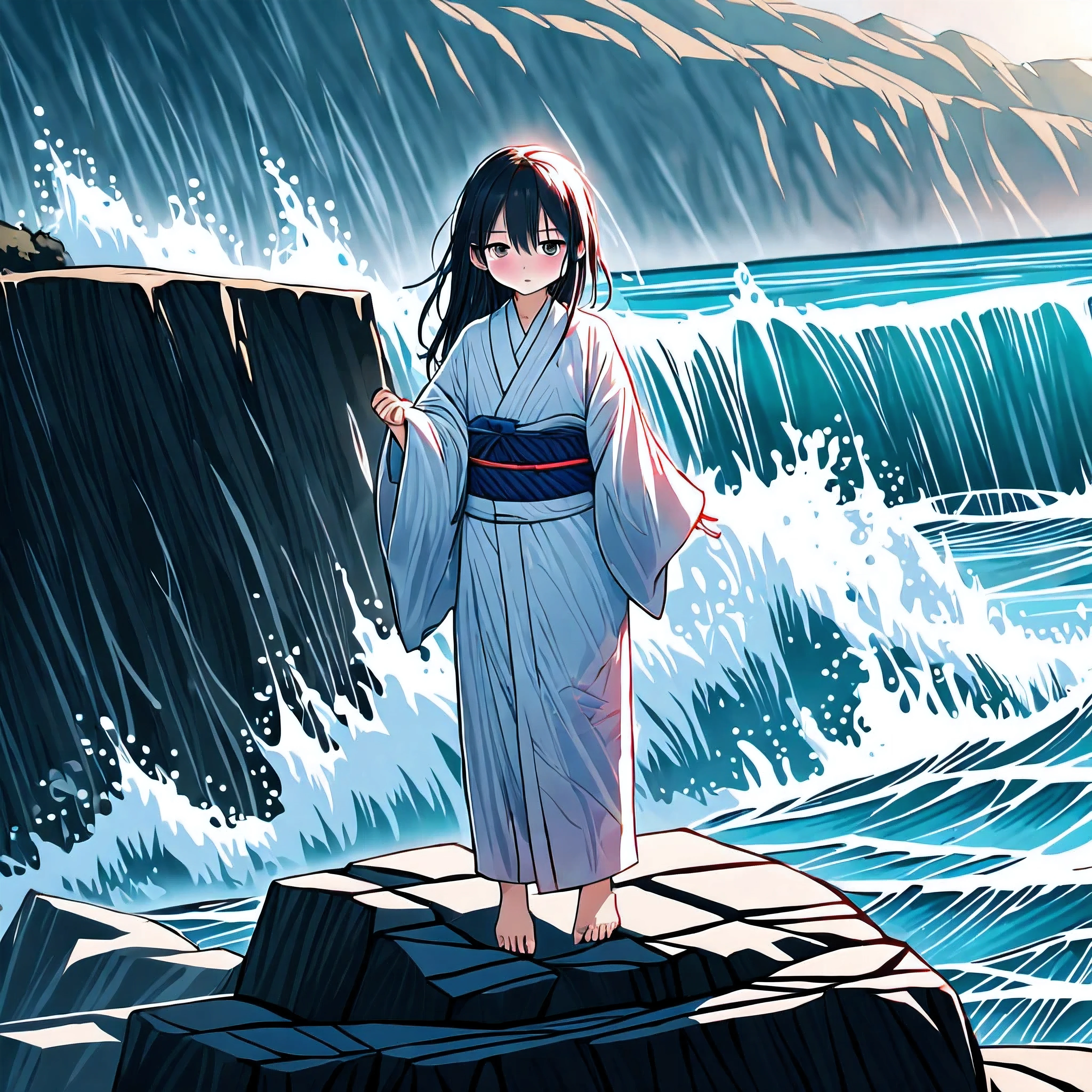 (A 7 year old girl:1.2), (Very young little girl), (alone), (small breasts:1.1), (wide angle), bitter smile, original photo, Atmospheric distance perception, aesthetic, complex, won, chiaroscuro, best quality, Detailed background, (hazy atmosphere:1.2), (cloudy day),((Girl in white 棉质kimono:1.2)), 棉质kimono, 棉质kimono, best wrinkles, real wrinkles, best shade, strong wind, (walk through (薄雾黑暗岩石cliff)), ((rainy, downpour, raindrop)), (real location), Exquisite and beautiful eyes, casual gesture, Detailed texture, pose, (anatomically correct body, Detailed face, (非常Detailed texturekimono与花卉图案), (wet, wet face, slime wrap, ((very wet) 纹理kimono), (wet hair), (black hair), thick hair, hair accessories, kimono, Heart, outdoor, 色彩缤纷的kimono, sash, ((cliff), the sea below cliff, (rough sea, spray), Beautiful and detailed sea water),Sky, wide sleeves, yukata, ((cloudy, rainstorm))