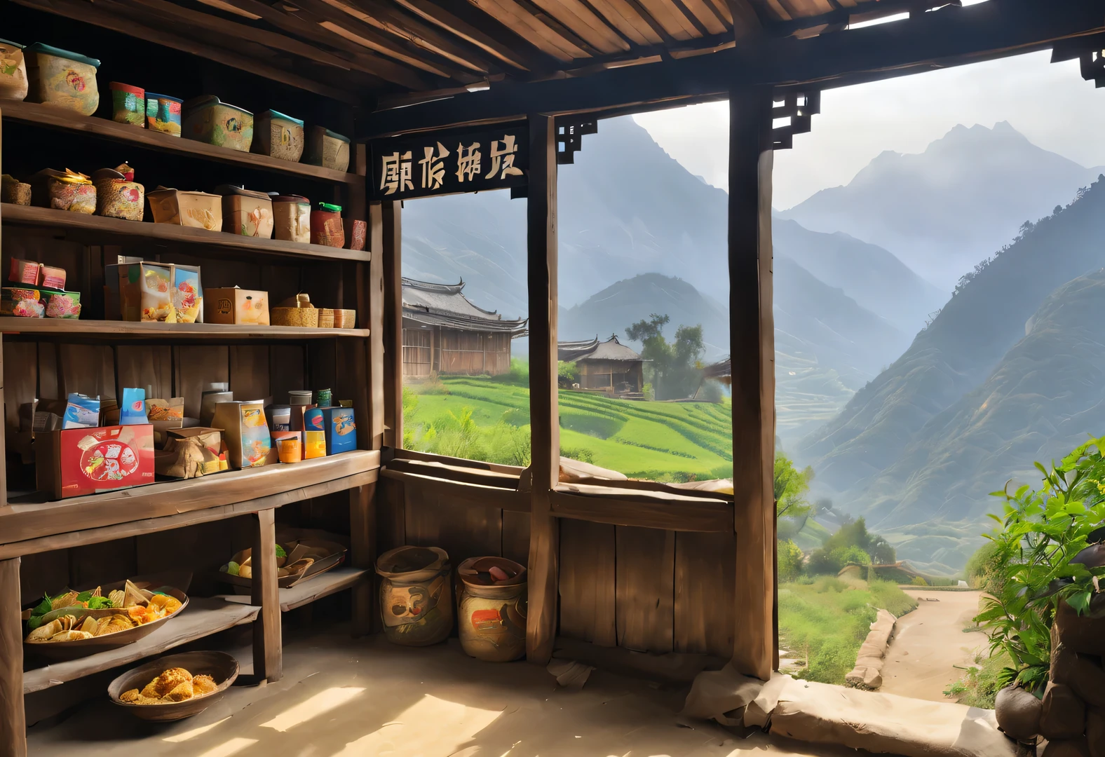 A small courtyard in rural China,There is a dilapidated wooden house inside,The cabin is a canteen,There are three words written on the door of the house &Quote;commissary&Quote; It says.,There are wooden shelves in the house,It’s stuffed with all kinds of snacks,The background is the mountains of Yunnan,shrouded in mist,aerial photography,illustration,fresh,peaceful,