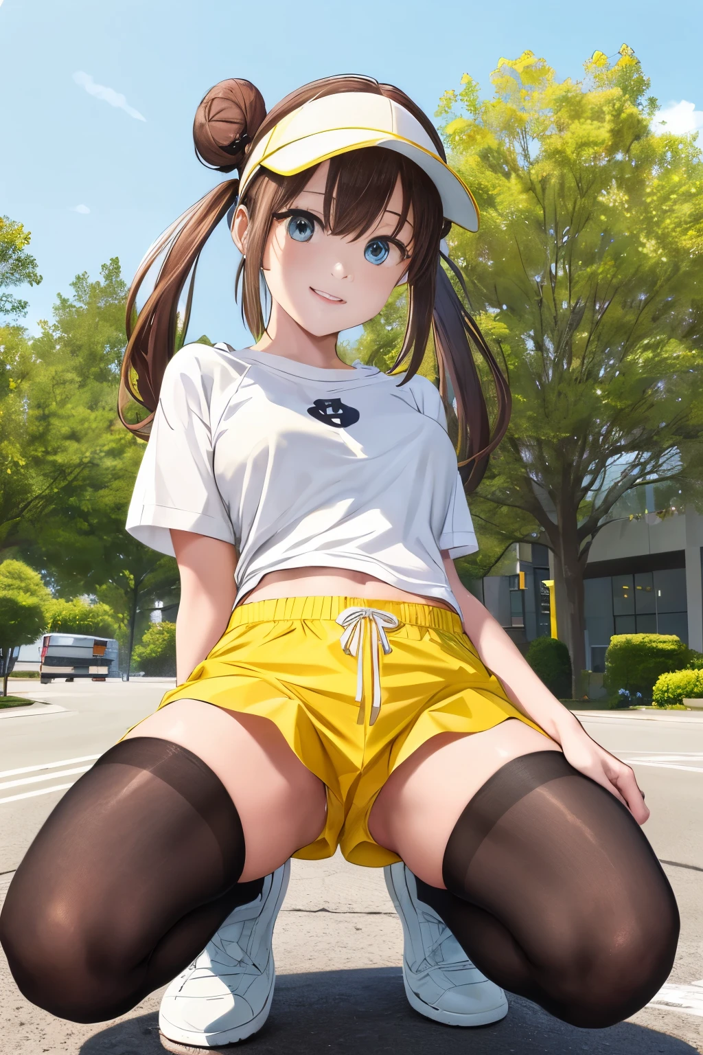 table top、highest quality、High resolution、1 girl、low length、Slender、shy smile、brown hair, bun hair, blue eyes, long twin tails, visor cap,( black tights), raglan sleeves, yellow shorts,shirt, pink bow, watch、outdoor、Photo of the subject from below、tits、((Loose shorts、white Panties are visible through the gap between the yellow shorts、panty peek, swhite panties, pantyshot))、raising one knee、Super perspective、wide shot、spreading legs