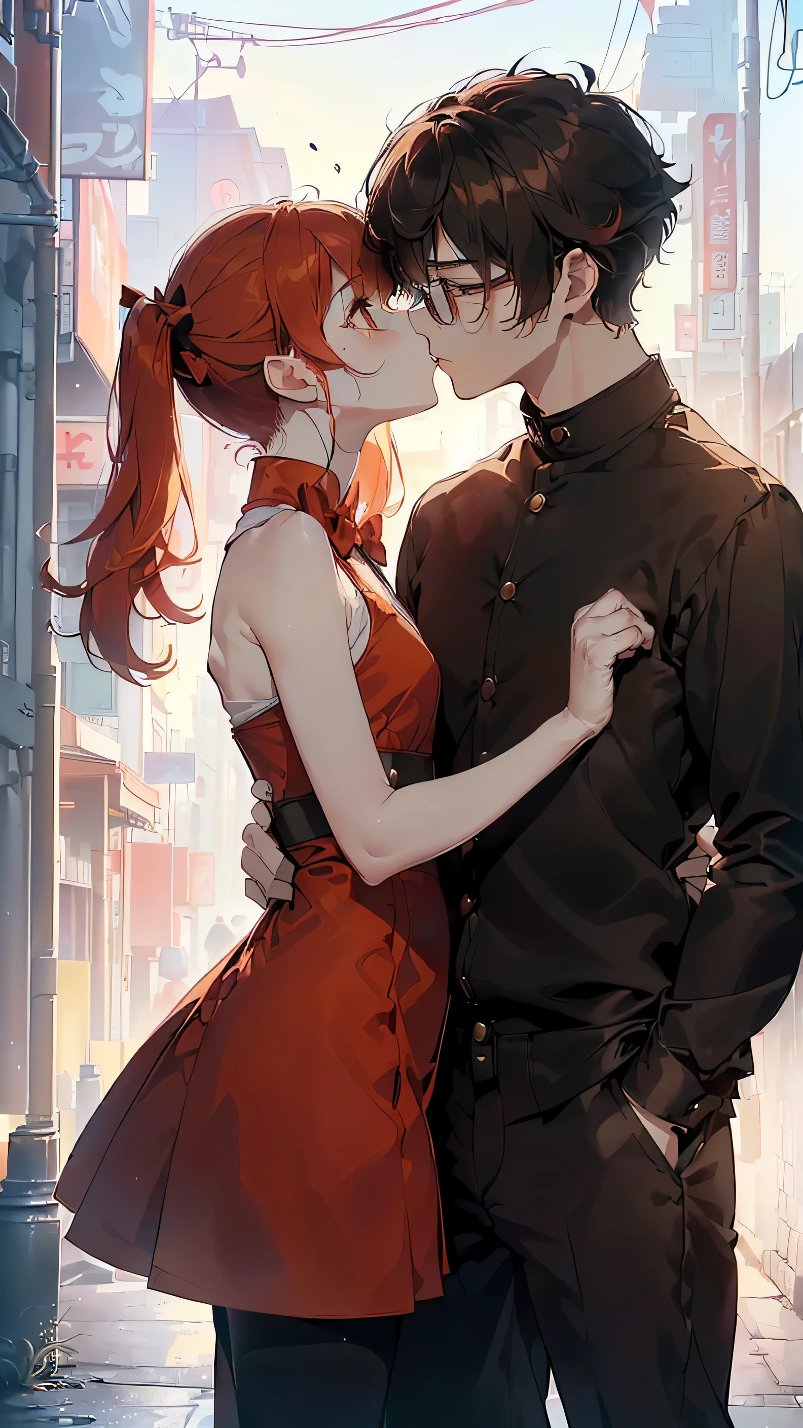 ((Calidad superior, ultra detallado, high resolution, CG extremadamente detallado, fondo de pantalla de unidad 8k, por artista famoso, perfect anatomy, super detailed skin, cinematic lighting, HD, retina, anatomically correct, 1080P)), ((Please draw a couple in love of a girl and a boy on a lovely date., besar:1.3), ((una chica con un chico)), ((Girl details: rostro,13歳:3.0, girl's height: 152 cm, She is small, corto, she is very corto, Too small, un adolescente muy joven de 13歳, Tiene el cuerpo de una adolescente inmadura de secundaria de 13歳., very small breasts, Androgynous Amulet, Cuerpo , brazos y piernas delgados, Muy flaca. cabello rojo, flequillo recto, hair bows, coletas. chica pelirroja. Golden-yellow-amber ojos perfectos. Ella es dulce, bidding, adorable, lindo, hermoso, kawaii y ulzzang. She is dressed in a Japanese fashion pampered and moe dress.. brazos desnudos, hombros y piernas)) ((solo la chica tiene el pelo rojo)) ((Child details: rostro, 17-year-old:2.0, amamiya ren:2.0, 's height: 172cm, black brown hair boy, Chico alto, hombre maduro, Athletic, varonil, masculino, elegante, Chico maduro, un estudiante de secundaria, boy with dark brown hair, masculino, varonil, Small rear, hermoso detailed full dark brown eyes, with glasses, ojos perfectos, ropa juvenil elegante hombre, pantalones negros, el chico es mas maduro, Chico maduro)) (Detailed lighting), (antecedentes detallados), ((Romantic date at night walking through the streets of Tokyo)), Toma de cuerpo completo, ((perfecciona cada 5 dedos, Extremidades completas, dedos completos, Dedos perfectos, brazos perfectos)) ((un hombre y una mujer)) ((beso romantico)) (((the girl is much smaller than the boy))) ((couple of a girl and a boy)) ((besar)) (((el chico es muy alto, the girl is very corto)))