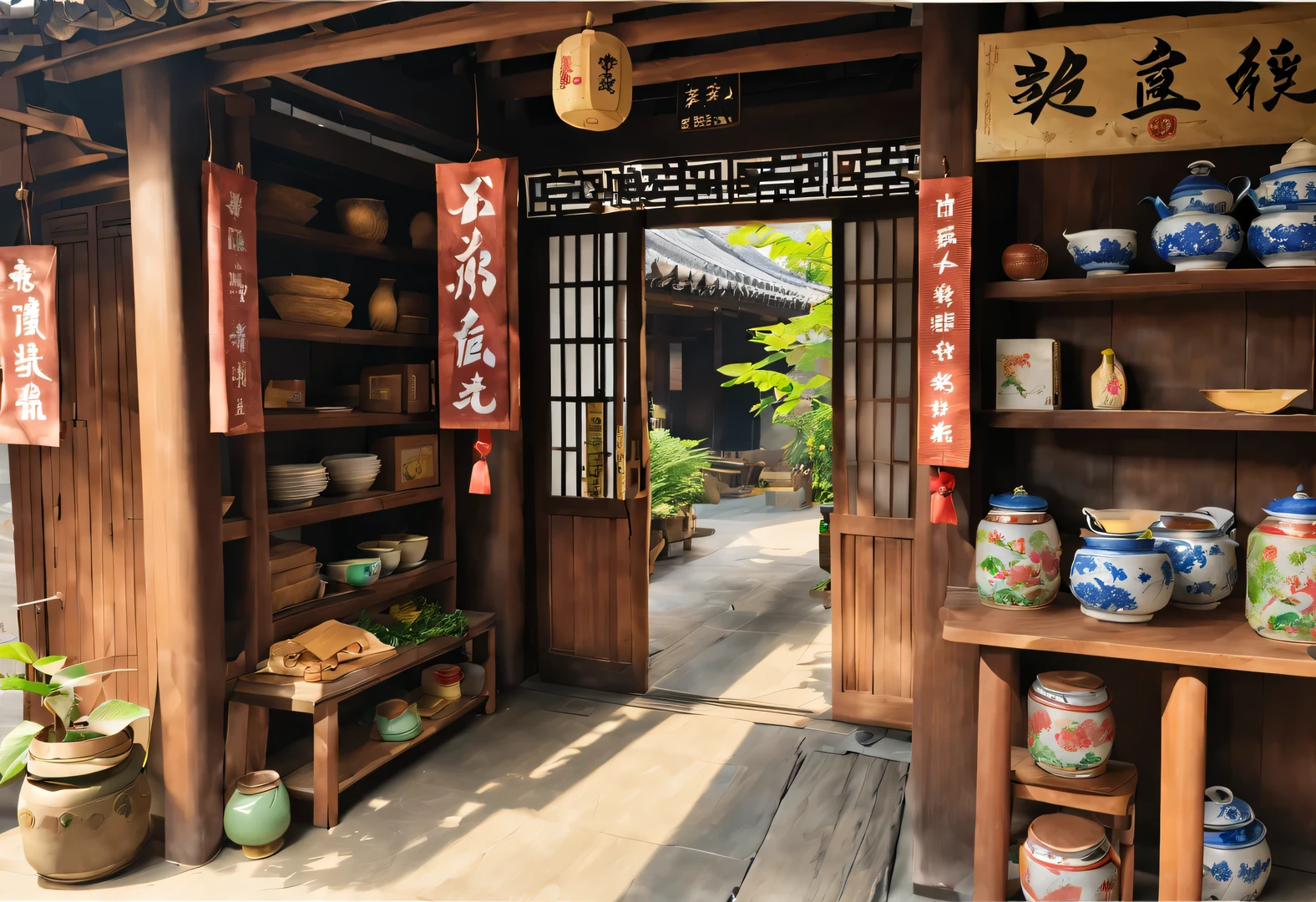 A small courtyard in rural China，There is a dilapidated wooden house inside，小屋是一个commissary，屋门上写着“commissary”3个字，There are wooden shelves in the house，It’s stuffed with all kinds of snacks，commissary是在一个破旧小院的中国式农村的木房子，But very clean and tidy。Faded signs hanging on wooden doors and windows，it says"commissary"There is an old-fashioned wooden chair at the three-character door.，Gives people a sense of age。The furnishings in the store are also very simple..，Various products displayed on shelves，Snacks included、Stationery shop、daily necessities, The background is the mountains of Yunnan，shrouded in mist