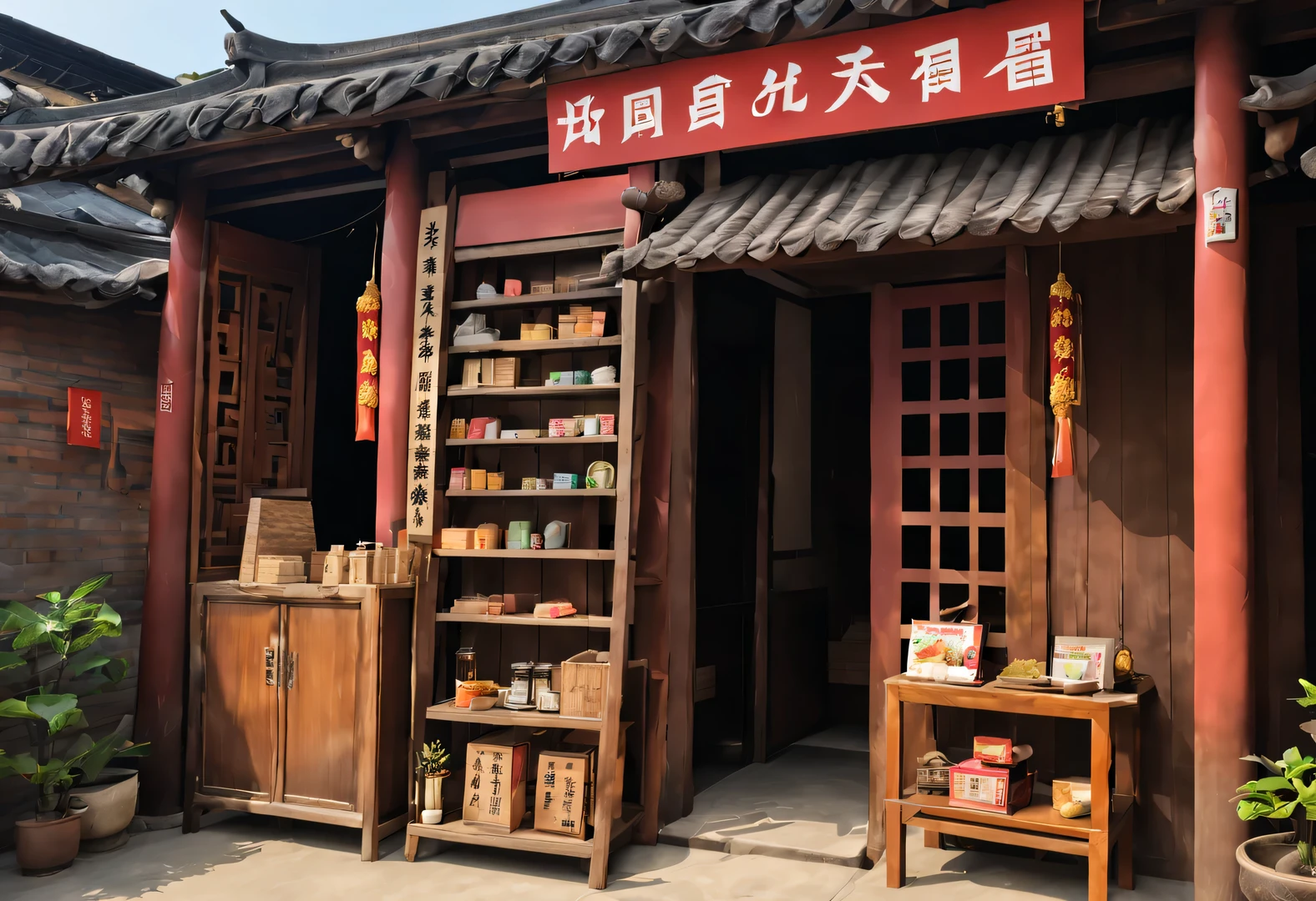 A small courtyard in rural China,There is a dilapidated wooden house inside,小屋是一个commissary,屋门上写着“commissary”3个字,There are wooden shelves in the house,It’s stuffed with all kinds of snacks,commissary是在一个破旧小院的中国式农村的木房子,But very clean and tidy。Faded signs hanging on wooden doors and windows,it says"commissary"There is an old-fashioned wooden chair at the three-character door.,Gives people a sense of age。The furnishings in the store are also very simple..,Various products displayed on shelves,Snacks included、Stationery shop、daily necessities, The background is the mountains of Yunnan,shrouded in mist