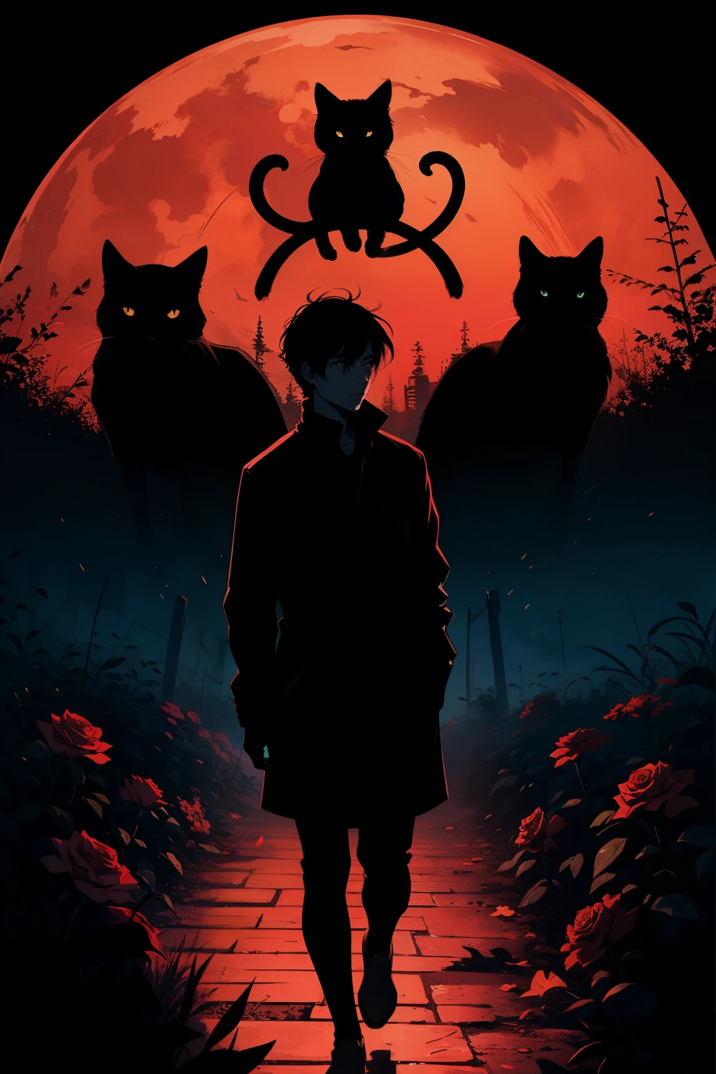 Animation style，a male，Dialogue with Death，silhouette，roses，Red Hell，black cat