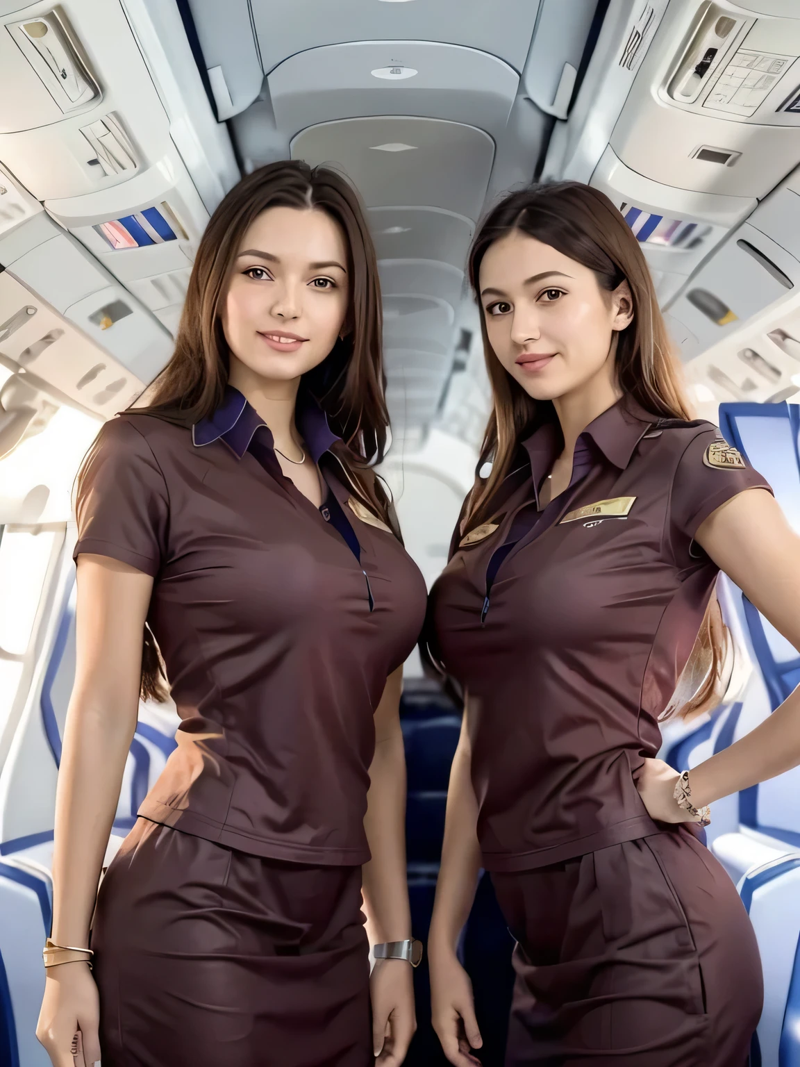 two women in uniform standing in an airplane cabin, alena aenami and lilia alvarado, perfect military composure, pilot girl, symmetric!, pilot outfit, beautiful angle, cute pilot girl, jet wings on the back, beautiful sci - fi twins, symmetric!!, tight attire, with two pairs of wings, maxim sukharev, excellent contrast both woman smiling