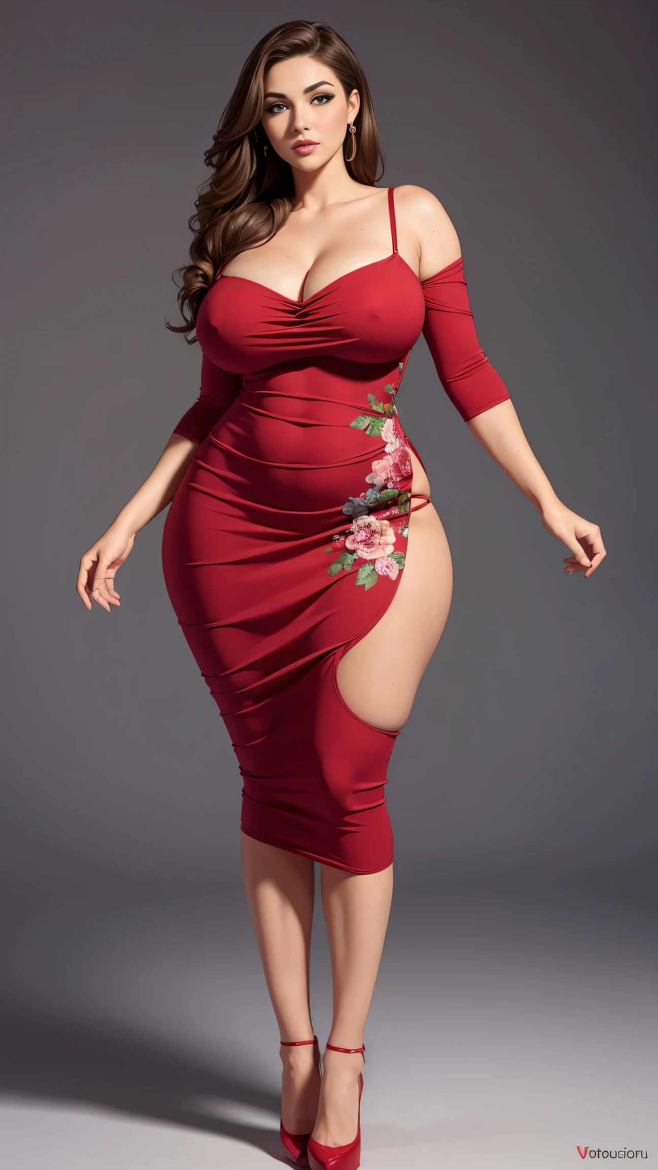 (best quality, ultra-detailed, realistic:1.37),portrait,voluptuous woman,flower,tight dress, Random dress color, passionate look,large buttocks,vibrant colors,soft lighting, standing, full body view, extreme tall, long legs, very tall, tall,