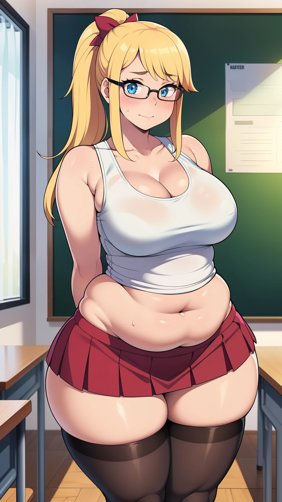((highres)), Masterpiece, high quality, best quality, beautiful, perfect lighting, detailed face, ultra cute face, ((1girl)), ((solo), long blonde hair, ponytail, blue eyes, glasses, (Blush), embarrassment, aroused, masochism, looking at viewer, arms behind back, standing in a classroom, (classroom), daytime, cheerleader uniform, tank top, pleated skirt, (tight clothes), thigh highs, wide hips, (thick thighs), (chubby), medium breasts, cleavage, perky breasts, 24 year old female,