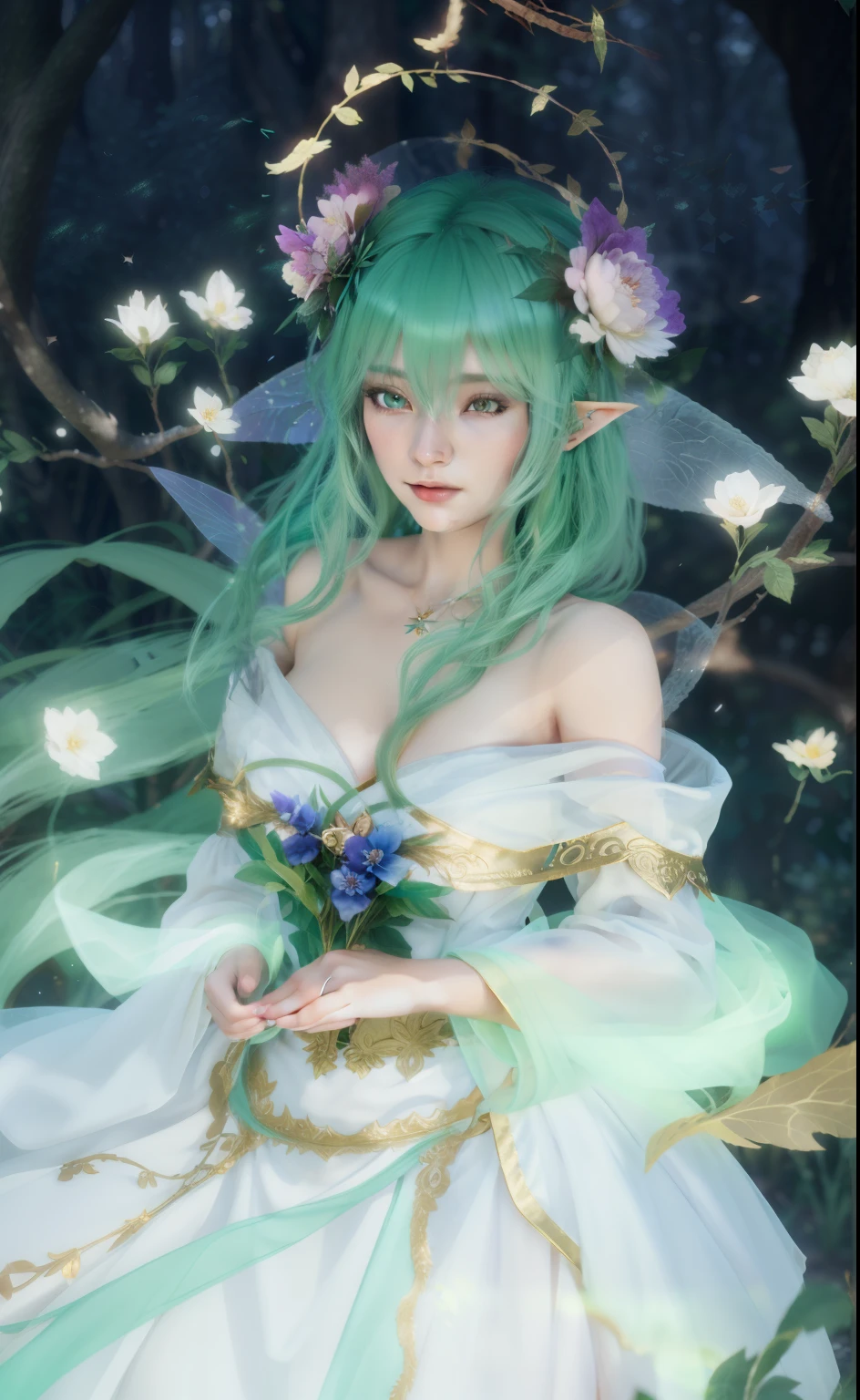 Close-up of a man with green hair and wearing a skirt, ethereal fantasy, Fairy Queen of the Summer Forest, Complex and gorgeous anime CGI style, Unreal Engine Rendering + goddess, 森林goddess, ethereal essence, Ethereal animation, beautiful ancient frost witch, Unreal Engine Fantasy Art, Ethereal stills, beautiful elegant dryad, Game CG