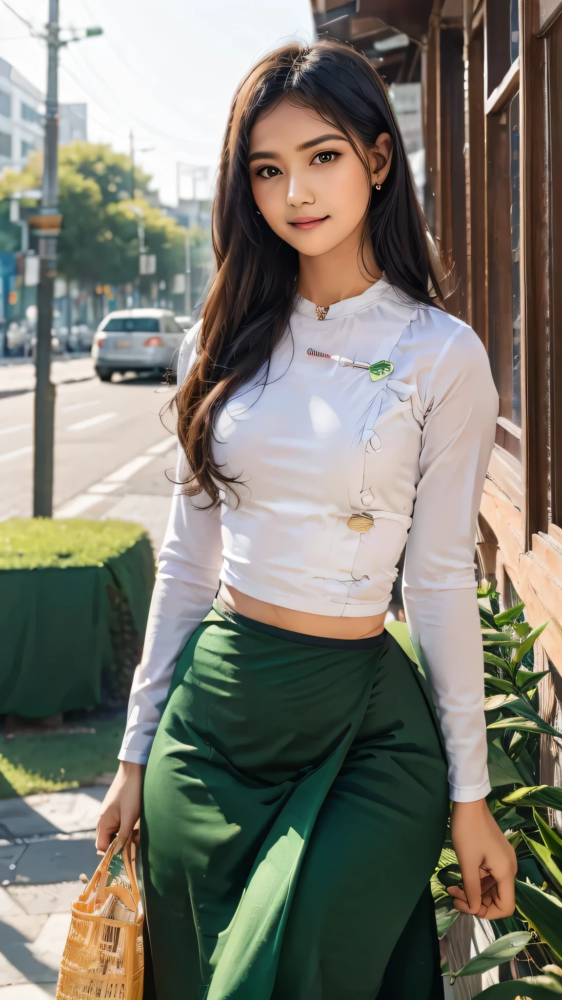 (masterpiece, best quality, high resolution:1.2), (photorealistic:1.2), (intricate and beautiful:1.2), (detailed light:1.2), (soft lighting), (colorful, dynamic angle), upper body shot, fashion photography, 1girl, beautiful young girl, perfect face, long hair, perfect body, confident and alluring pose, exuding sensuality and charm, ultra detailed, photo realistic, hyper realism, realistic, standing, flowers surrounding background, (((wearing acmmsayarma outfit, acmmsayarma white top with buttons, long sleeves, ((acmmsayarma green long skirt))), Burmese girl.