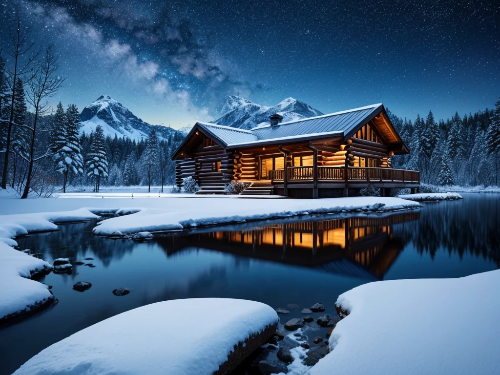 Realistic, photorealism, log cabin, lake, winter,  nighttime, stars, shooting star, snowy mountain, 