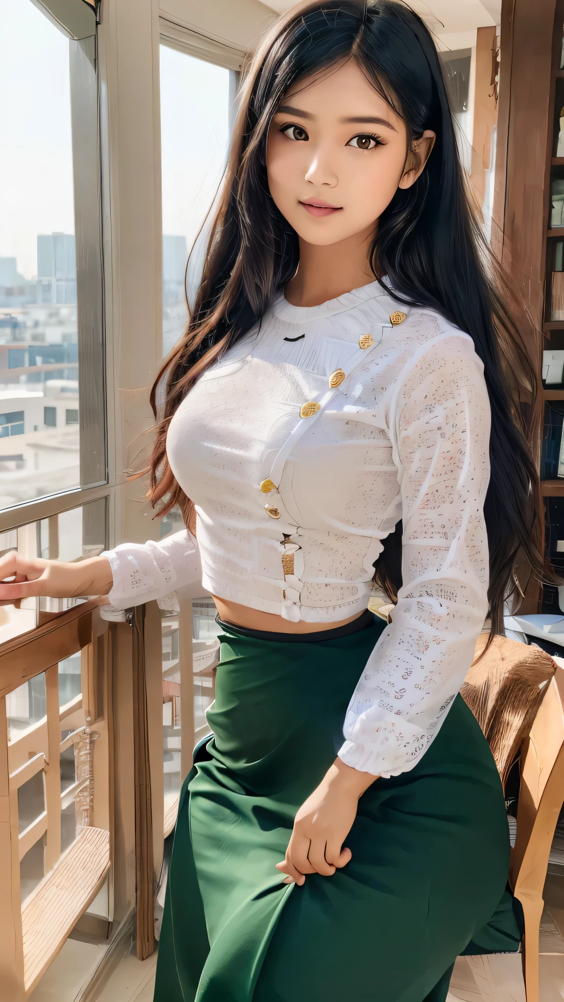 (masterpiece, best quality, high resolution:1.2), (photorealistic:1.2), (intricate and beautiful:1.2), (detailed light:1.2), (soft lighting), (colorful, dynamic angle), upper body shot, fashion photography, 1girl, beautiful young girl, perfect face, long hair, perfect body, confident and alluring pose, exuding sensuality and charm, ultra detailed, photo realistic, hyper realism, realistic, standing, flowers surrounding background, (((wearing acmmsayarma outfit, acmmsayarma white top with buttons, long sleeves, ((acmmsayarma green long skirt))), Burmese girl.