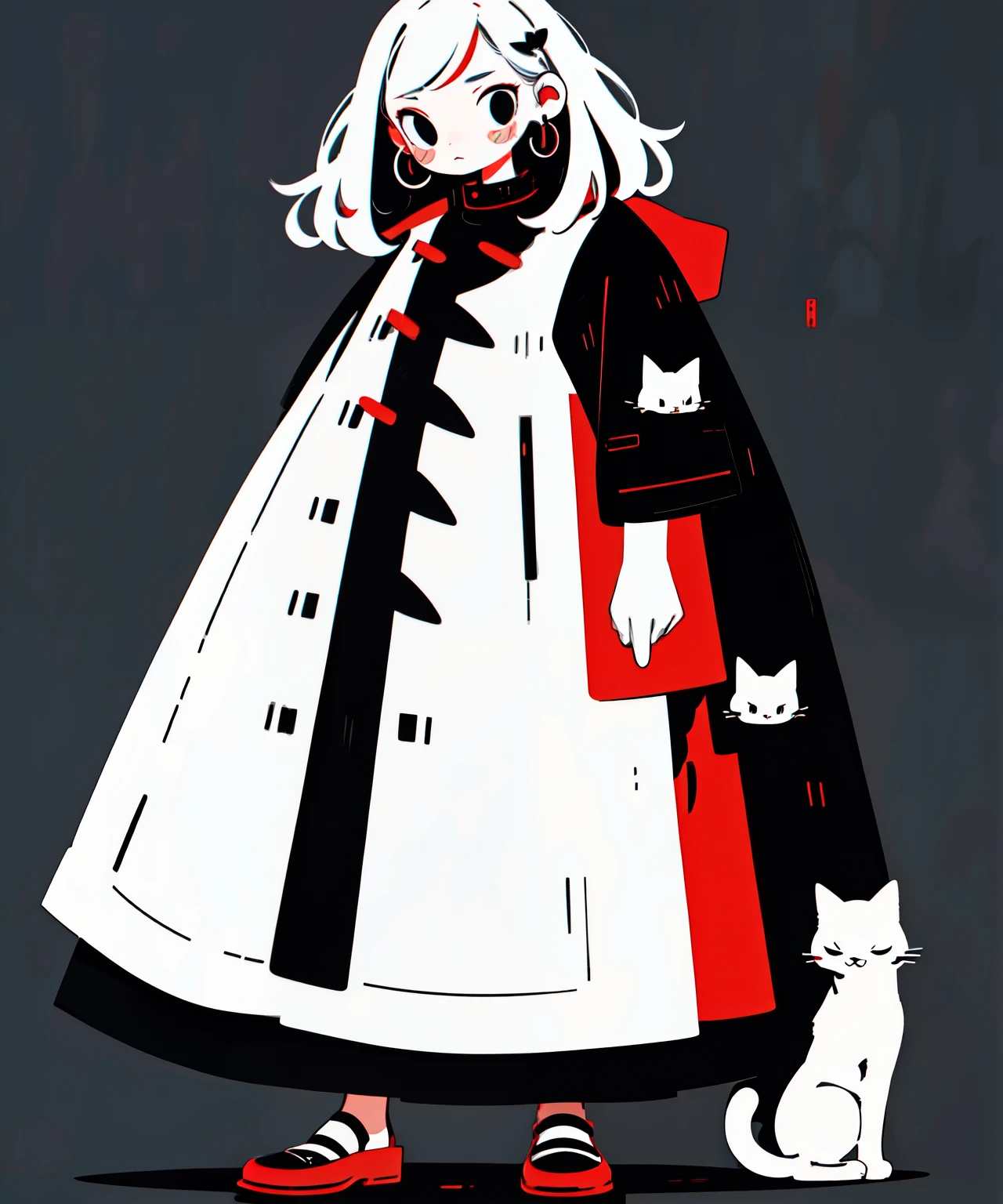 multiple girl with any cat,standing,white dress,silver hair, black eyes, red smokey make up, minimal style,flat color,back ground red,