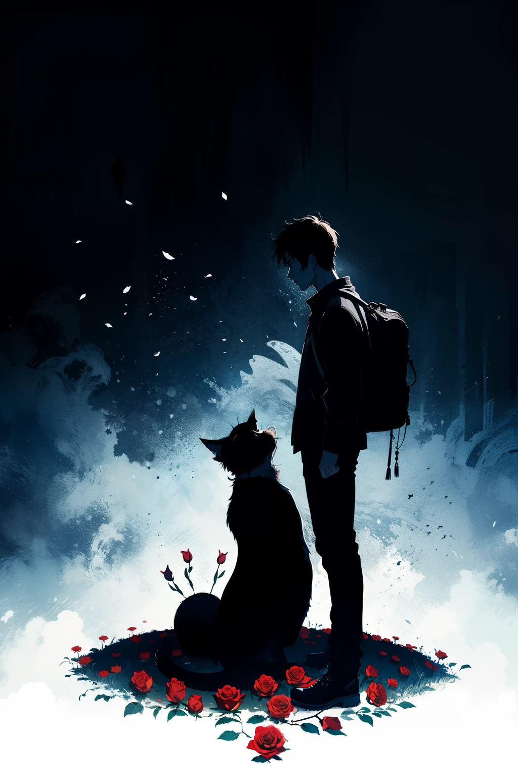 Animation style,A man talks to Death,silhouette,roses,Red Hell,black cat