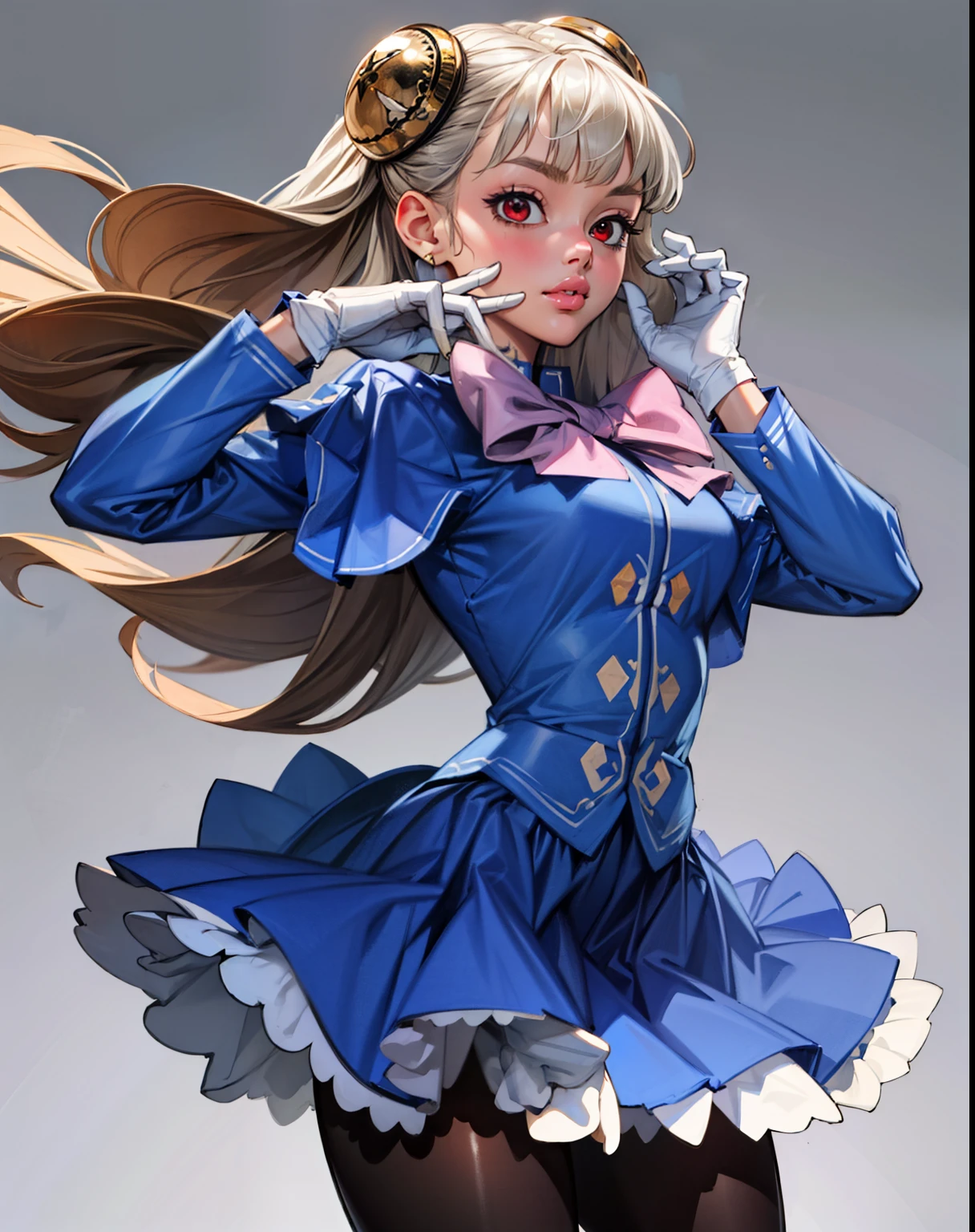 (masterpiece, best quality, high resolution),cowboy shot, 1girl, solo, ingridms, hairpods, gloves, skirt, pantyhose, bow, dress ,
