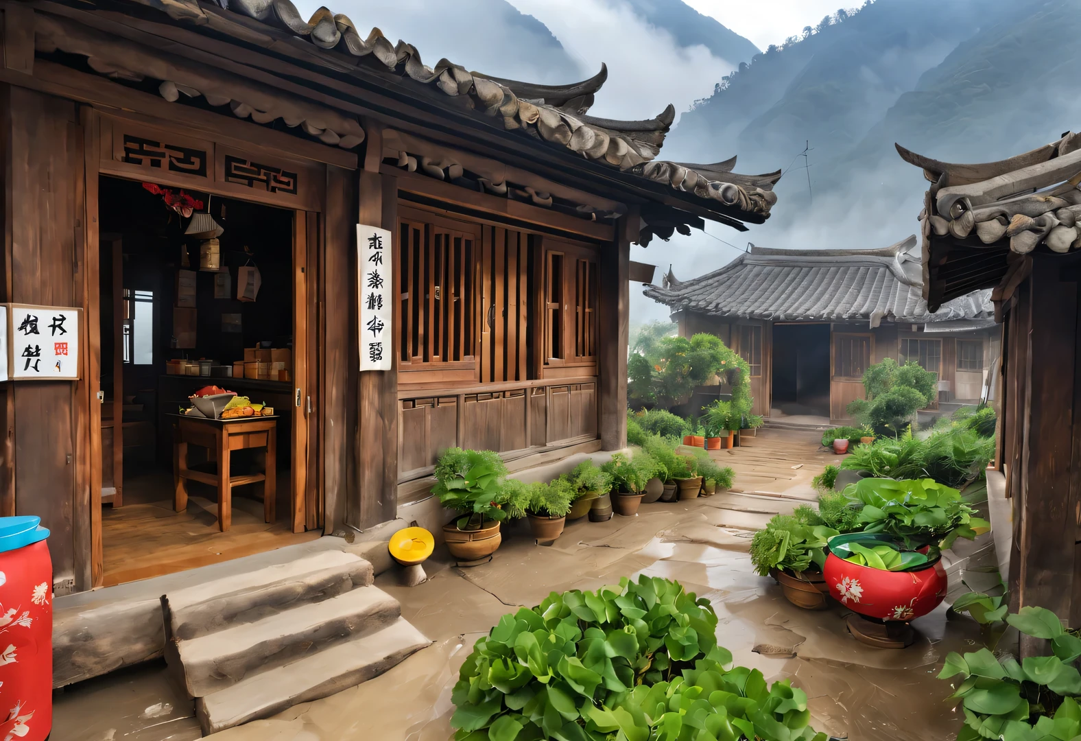 A small courtyard in rural China，There is an old wooden house inside，The cabin is a canteen，There are three words written on the door of the house &Quote;commissary&Quote; It says.，There are wooden shelves in the house，It’s stuffed with all kinds of snacks，The background is the mountains of Yunnan，shrouded in mist，aerial photography，illustration，fresh，peaceful，festive atmosphere，