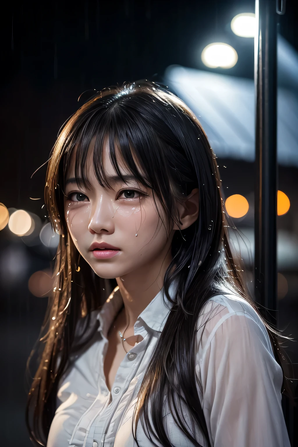 realistic, 想像力豊かなマカオの女性ページの1 girl, highest quality, highest resolution, Super detailed, 16k, movie lighting, (雨のnight:1.4),(night:1.4), (Are crying:1.4),(tears:1.4), 大tears, wet in the rain, wet hair, street lamp light, fine eyes, expression of sadness, tears run down my cheeks, Angle of view like a classic movie, Works by famous directors, (1 girl :1.4),highest quality, table top, (realistic:1.2), young woman, lady, detailed face, fine eyes, thin hair, fine skin,look at the audience, dramatic, vibrant, (highest quality Detail:1.2),8K high resolution,tearsで潤んだ目