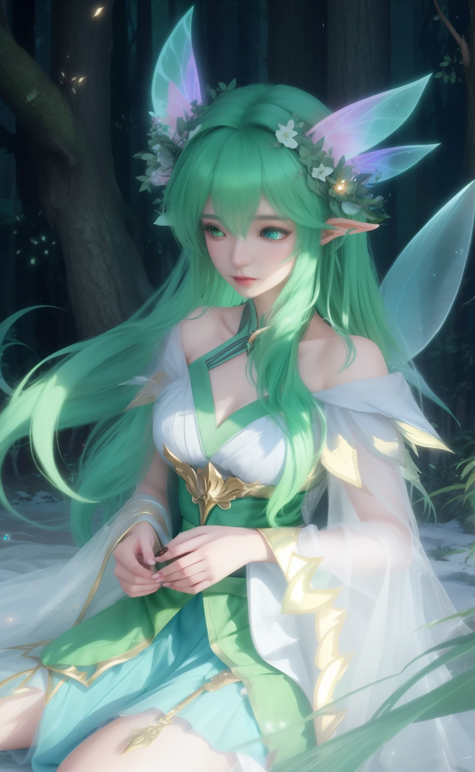 Close-up of a man with green hair and wearing a skirt, ethereal fantasy, Fairy Queen of the Summer Forest, Complex and gorgeous anime CGI style, Unreal Engine Rendering + goddess, 森林goddess, ethereal essence, Ethereal animation, beautiful ancient frost witch, Unreal Engine Fantasy Art, Ethereal stills, beautiful elegant dryad, Game CG