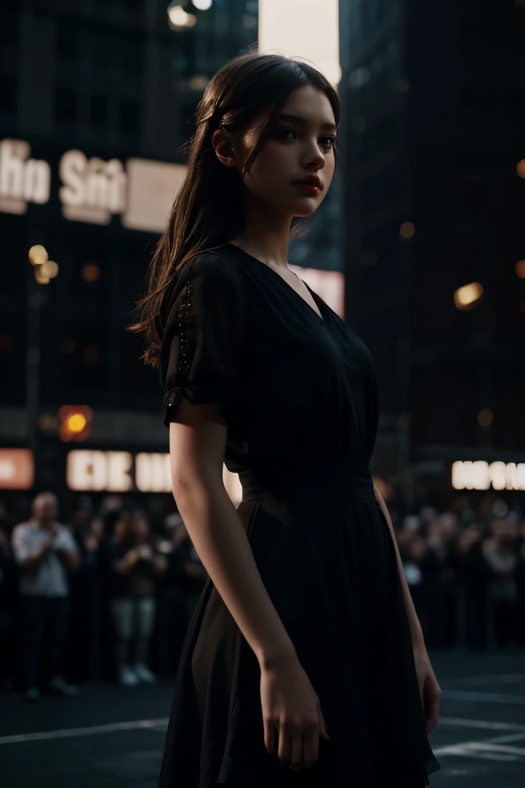 1 girl, (looking at the audience:1.2), Details,  (a girl standing, Rendering on CGSociety, black shadow, stream media, new york background), , Atmospheric, (original photo, best quality), (actual, photo-actual:1.3), masterpiece, extremely delicate and beautiful, Very detailed,