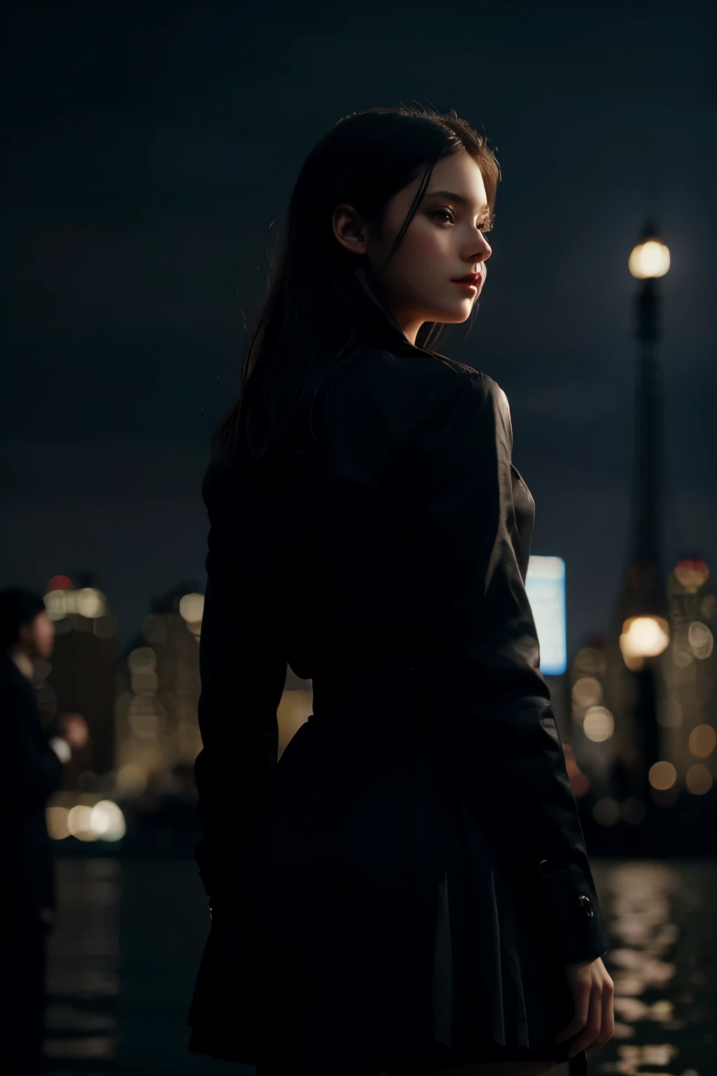 1 girl, (looking at the audience:1.2), Details, (a girl standing, Rendering on CGSociety, black shadow, stream media, new york background), , Atmospheric, (original photo, best quality), (actual, photo-actual:1.3), masterpiece, extremely delicate and beautiful, Very detailed,
