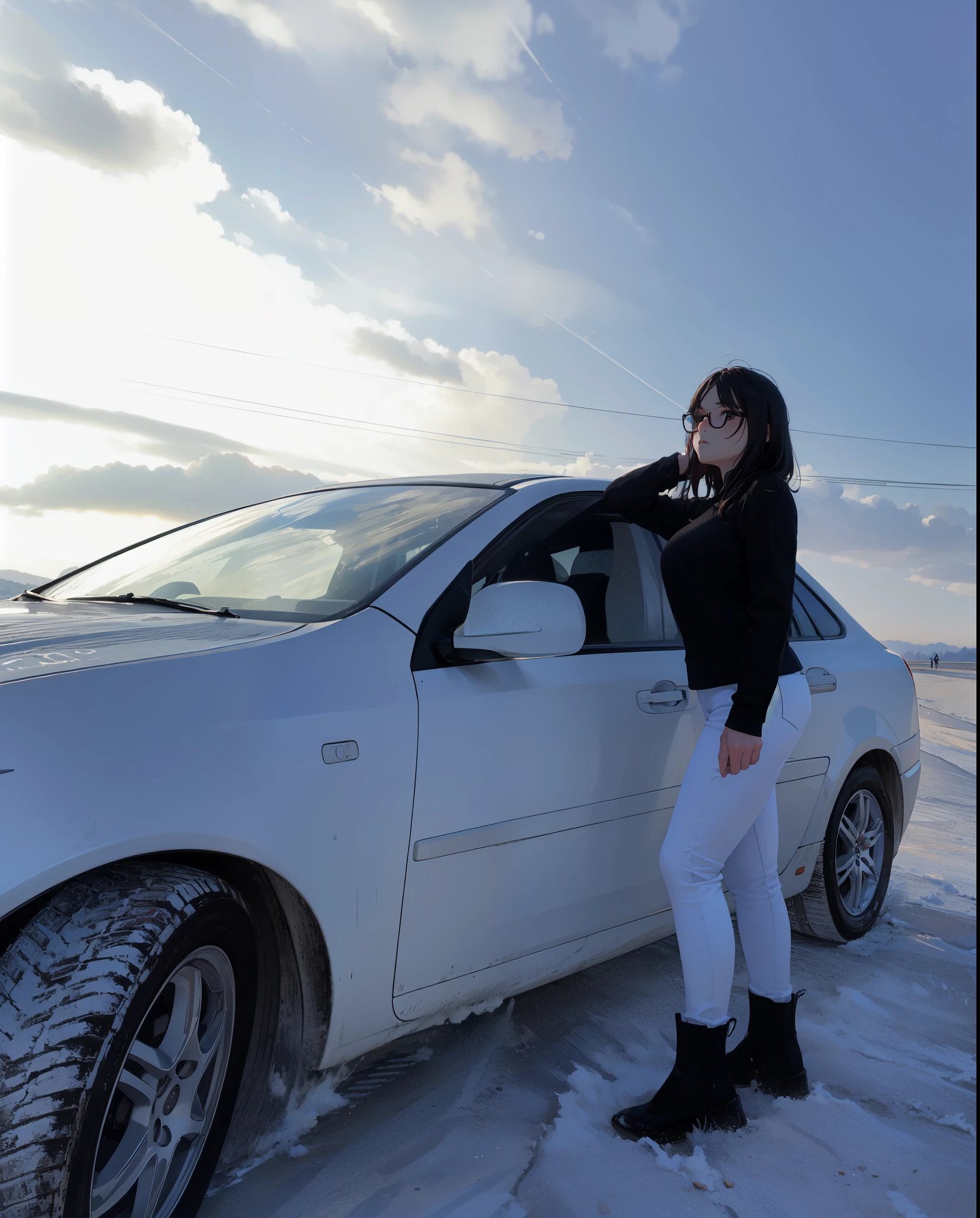 Girl at the car, girl in white pants, girl near a white car, Girl in glasses, photo at sunset,clean white car, realism, девушка в очках, супер качество 