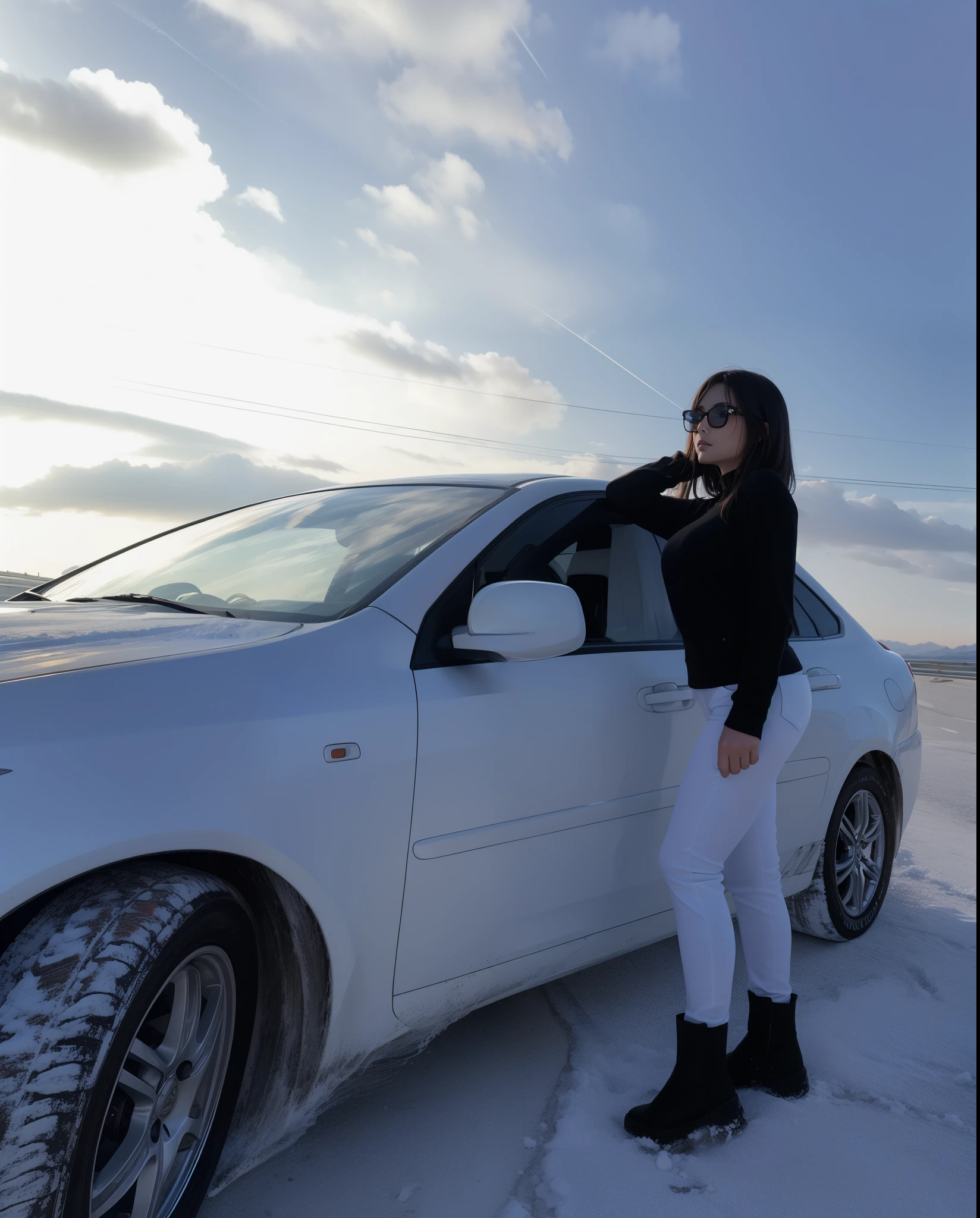 Girl at the car, girl in white pants, girl near a white car, Girl in glasses, photo at sunset,clean white car, realism, девушка в очках, супер качество