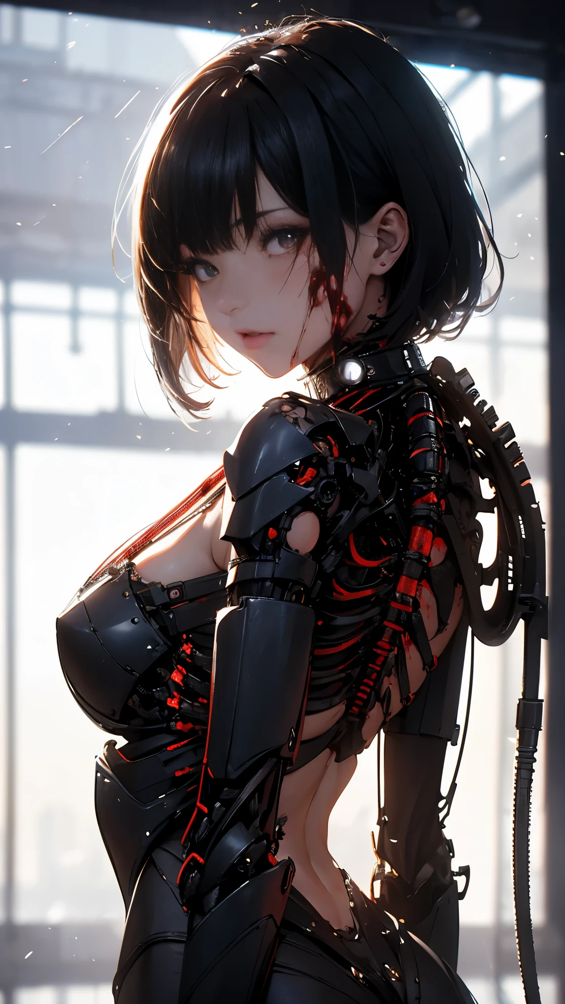 (((In 8K. HDR.hyper realism、master piece 1.2、wlop1、cinematic、Detailed content、Live photo 1.2, Highest quality 1.2、 Super detailed、very detailed、perfect shading、Low angle full body shot 1.2、1 photo、Commercial photo 1.2、50mm 、film grain)))、(The skin on the face is torn to reveal the exoskeleton underneath.)(mechanical joint: 1.2),((mechanical limbs)),(blood vessels connected to tubes),(mechanical vertebrae attached to the back),((Mechanical cervical connection to the neck) ), Expressionless, (wires and cables attached to the neck: 1.2), (head wire and cable: 1.2), (focus on character), SF,(white skin、small breasts、black hair、short bob)
