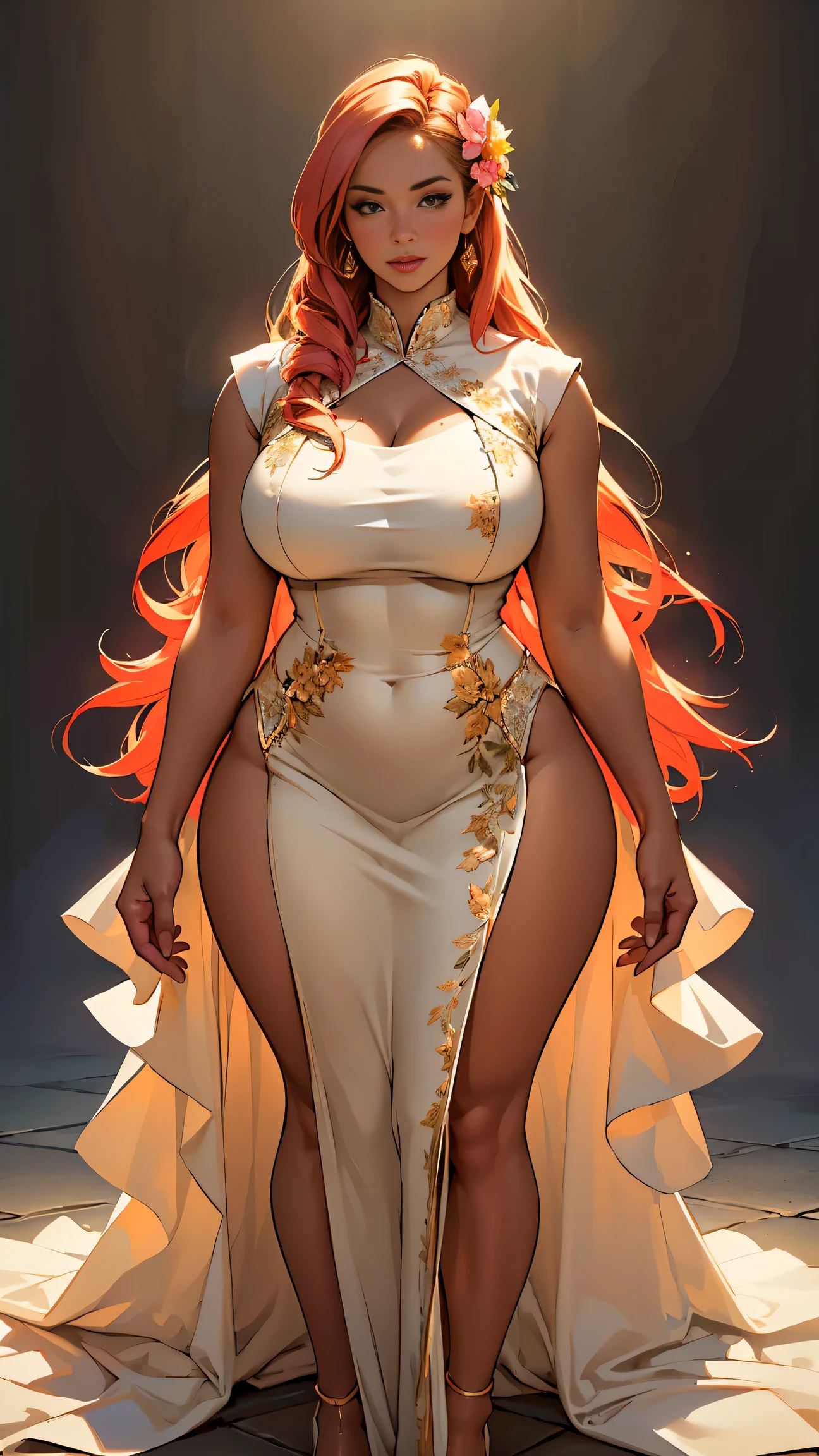 (best quality, ultra-detailed, realistic:1.37),portrait,voluptuous woman,flower,tight dress, Random dress color, passionate look,large buttocks,vibrant colors,soft lighting, standing, full body view, extreme tall, long legs, very tall, tall,