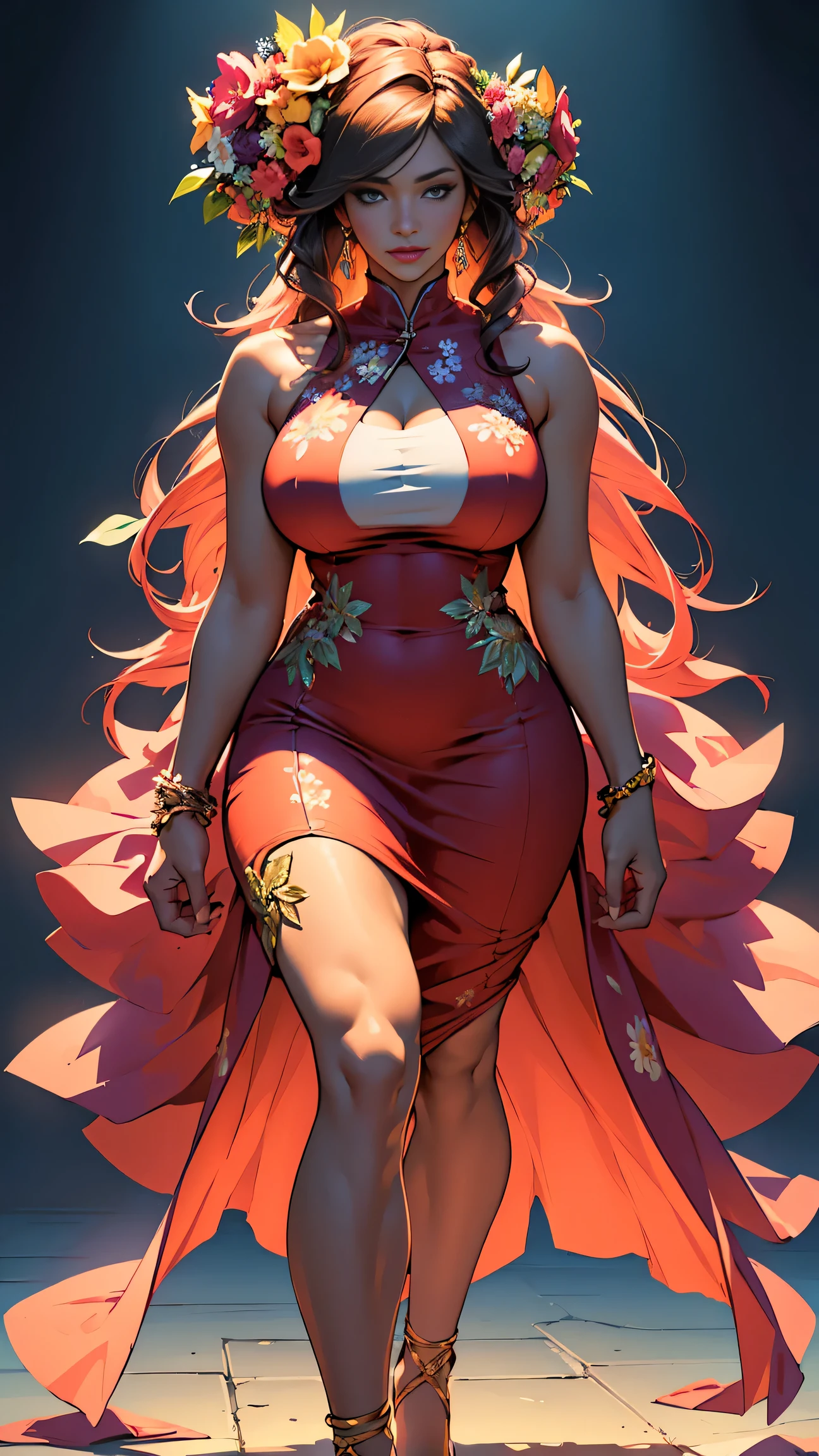 (masterpiece, best quality, perfect face, (beautiful and aesthetic:1.2), extremely detailed, highest detailed face), (beautiful cultivator, (pink hair:1.4), (vivid blue eyes:1.2), (flawless skin:1.3), fake breasts, (narrow waist), (thick thighs), wide hips, long legs, (slender body:1.2), ((very skimpy qipao dress)), ((xanxia fantasy background)), (high quality, hyperrealistic, CG, unity, 4k),