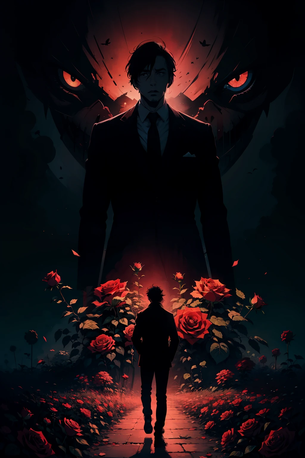 Animation style，A man talks to Death，silhouette，roses，Red Hell，black kitten