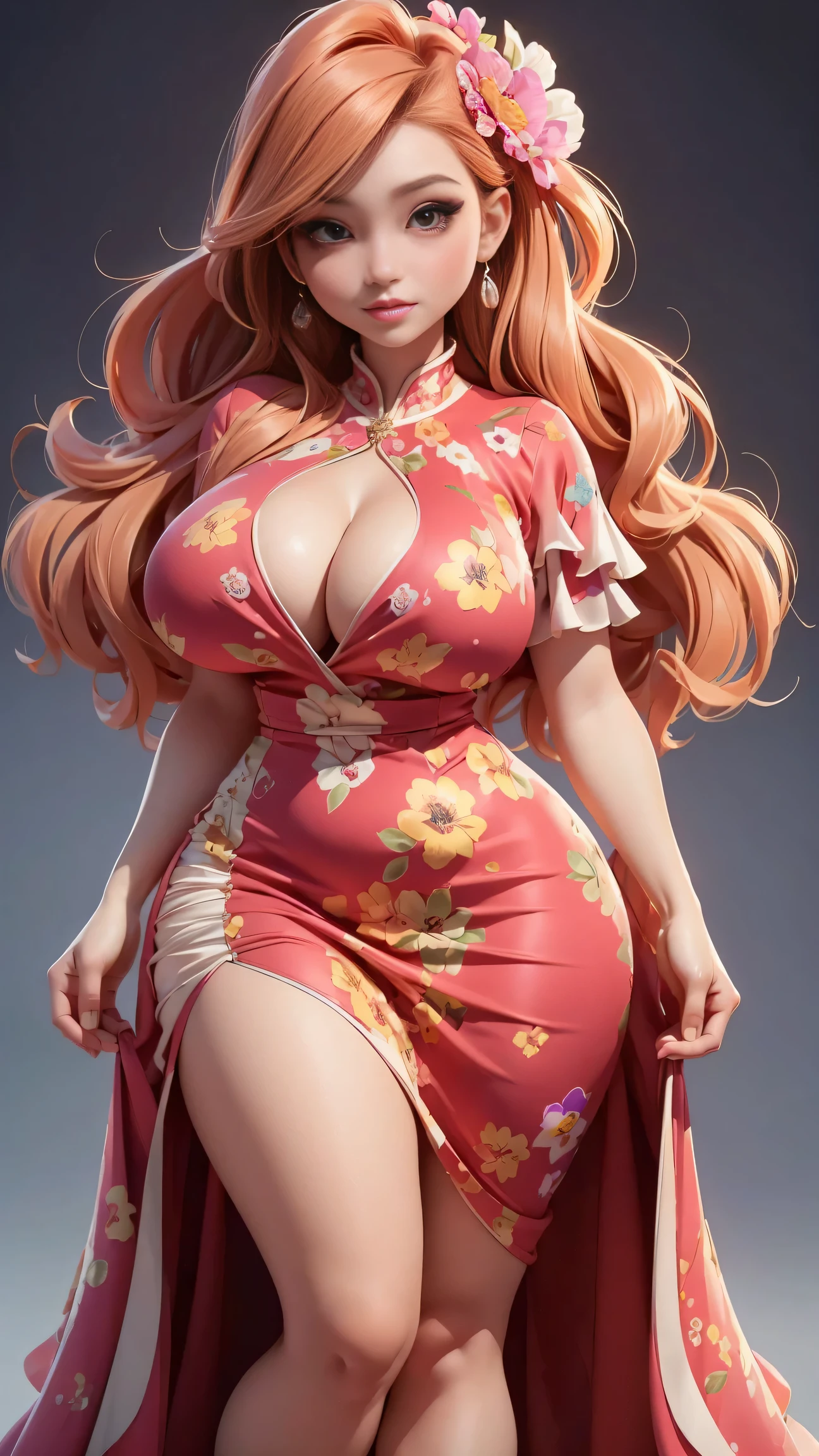 (best quality, ultra-detailed, realistic:1.37),portrait,voluptuous woman,flower,tight dress, Random dress color, passionate look,large buttocks,vibrant colors,soft lighting, standing, full body view, extreme tall, long legs, very tall, tall, 