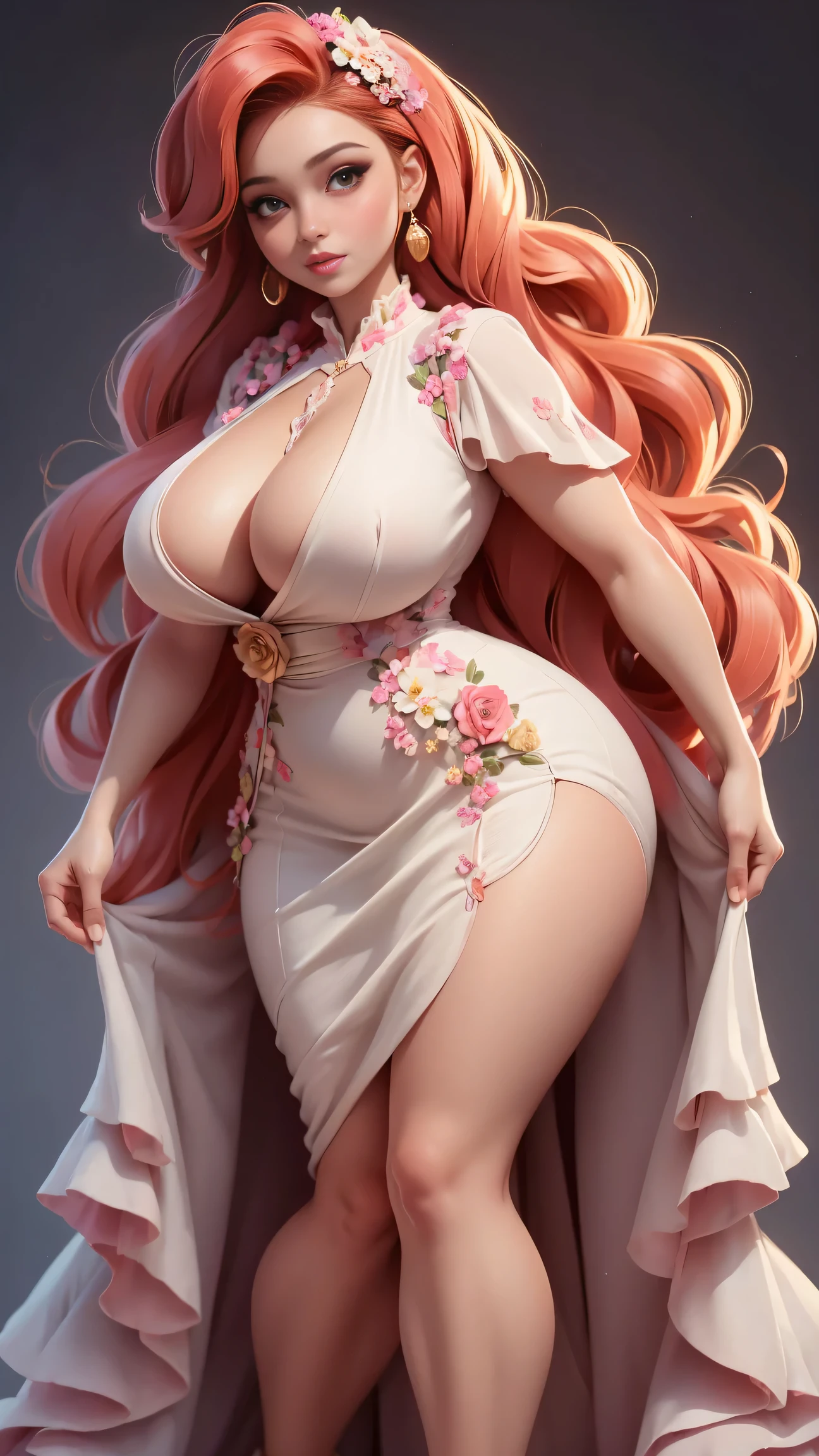 (best quality, ultra-detailed, realistic:1.37),portrait,voluptuous woman,flower,tight dress, Random dress color, passionate look,large buttocks,vibrant colors,soft lighting, standing, full body view, extreme tall, long legs, very tall, tall,