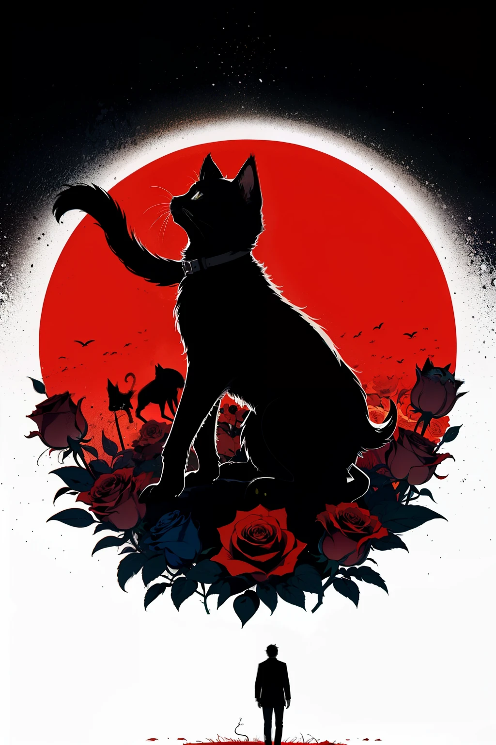 Animation style,A man talks to Death,silhouette,roses,Red Hell,black kitten