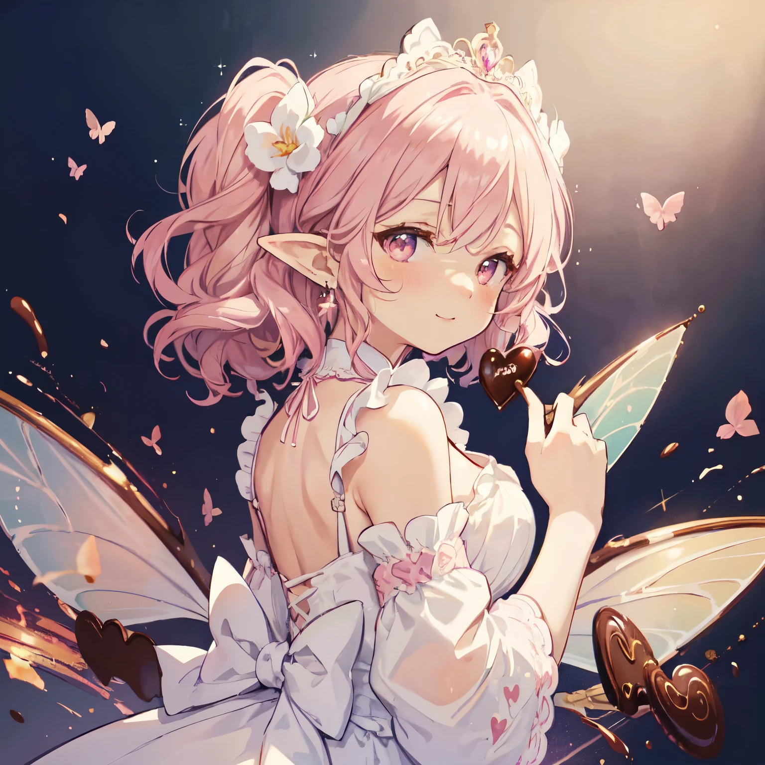 highest quality,Extremely detailed,beautiful,exquisite,16k,Full HD,((white background:1.1)),((Upper body:1.5)),((look forward)),golden ratio,alone,((((ラッピングされたchocolateで恥ずかしそうに口元を隠す:1.8)))),(upward glance),A lot of hearts are floating,pastel colour,((((front photo:1.5)))),chocolate,smile,happiness,embarrassing,make your cheeks red,Big eyes,chocolateイメージした大きくてbeautifulドレス,ball gown with ruffles, lace and rhinestones,A heart symbol is floating, ((Huge beautiful fairy wings grow out of her back.)),gradient hair, wavy pink fluffy hair,tiara,earrings,long eyelashes, light pink blush,pointy ears,(fantasy-inspired), (warm lighting),