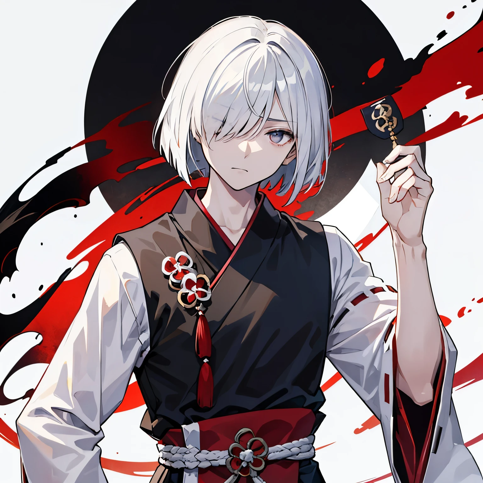 a young man, glaring, hair over one eye, Japanese ink, bob cut, white hair, black eye, upturned eyes, tareme, upper body, miko