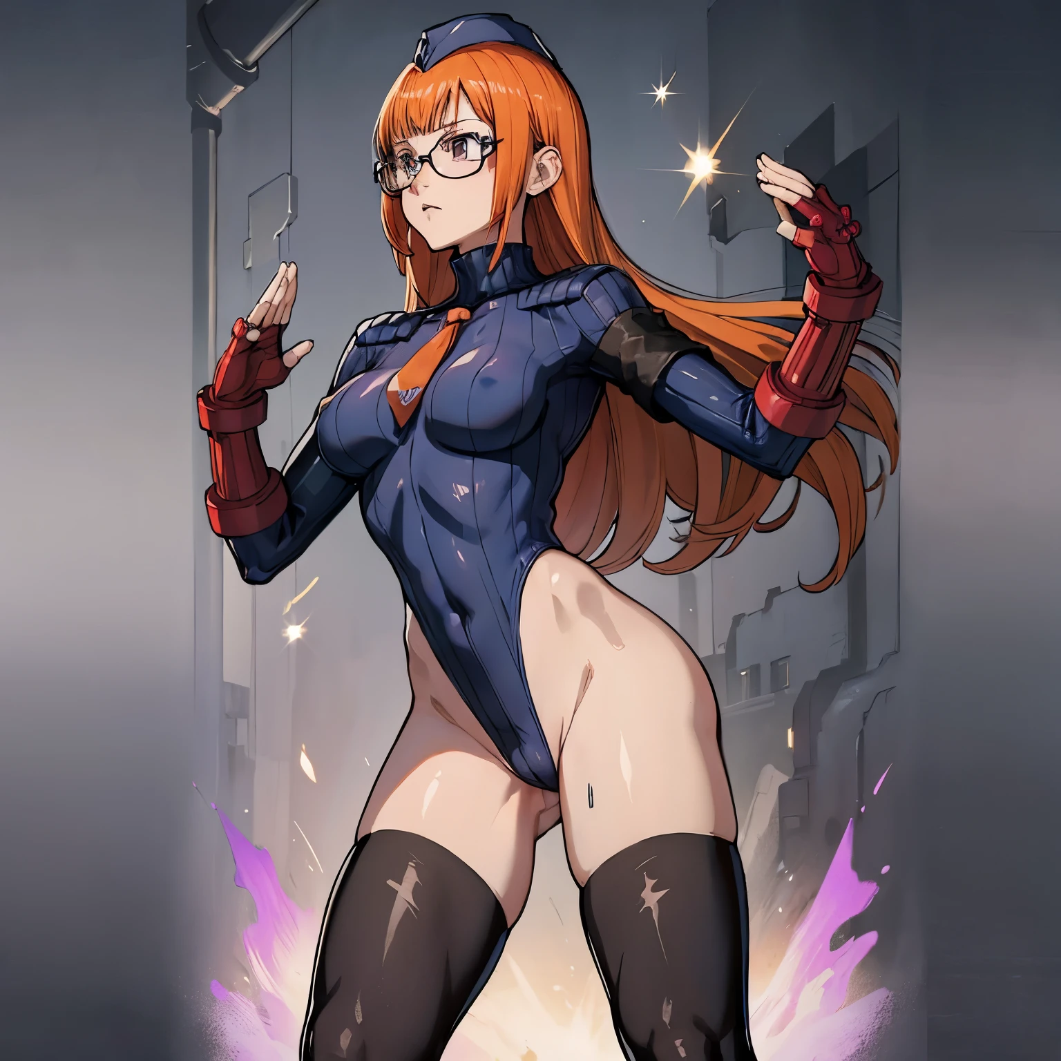 ultra-detailed, Explicit, Beautiful body, Beautiful Nose, Beautiful character design, perfect eyes, perfect face, ultra highres, 4K, beautiful legs, perfect legs, Nice hands, Perfect hand, Masterpiece, Best Quality, Highly detailed, illustration, absurdres, perfect anatomy, street fighter, doll suit, shadaloo doll, dollsuit, expressionless, looking at viewer, red gloves, emotionless, black latex, corruption, mind control, female combatant, full body, hypnotized, unhappy trance, full body suit, ribbed bodysuit, both arms at side, obey, perfect female body, extremely glossy latex, hypnosis, hypnoLora, empty eyes, Blank eyes, Mind control device, poses, submissive_pose, Slave, stand up straight, standing, standing at attention, hat, necktie, belt, latex, ribbed bodysuit, thighhighs, garter belt, Fighting Stance, extending the right arm from the shoulder into the air with a straightened hand, military, thigh boots, 1girl, hair ornaments, orange hair, long hair, purple eyes, (((pixel-perfect, detail-perfect))), solo, 1girl, Futaba Sakura, Persona, glasses