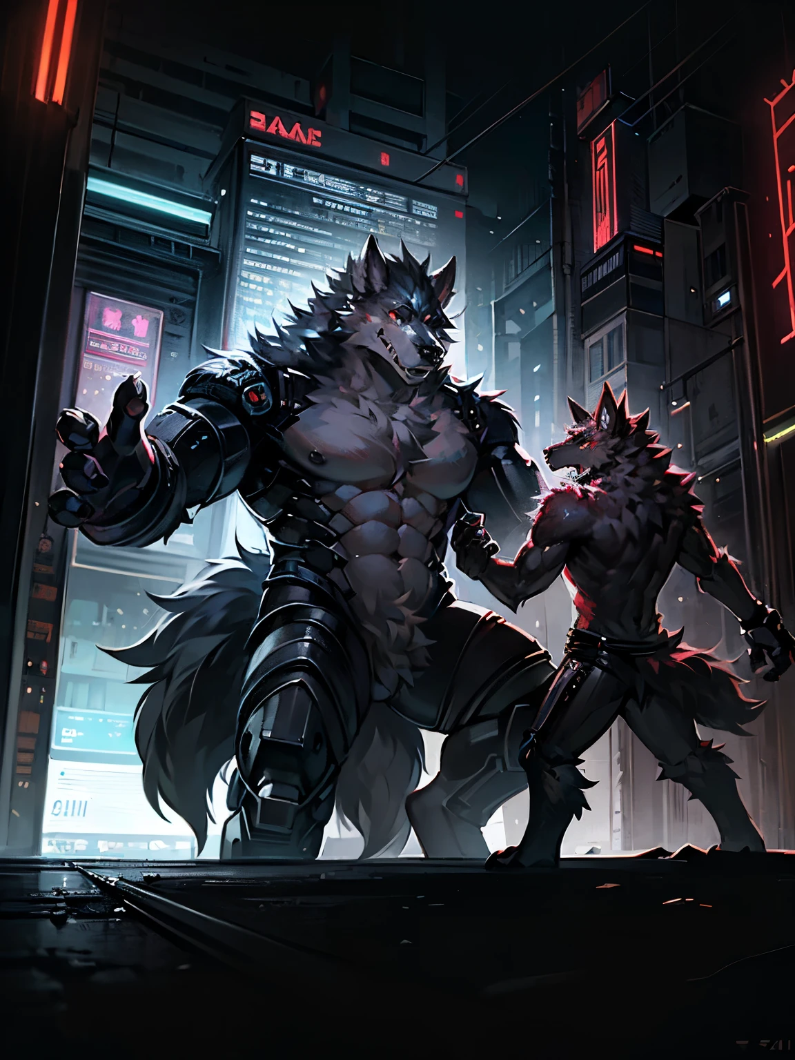 Dynamic angle, top quality, best quality, High quality illustrations, masterpiece, ultra high resolution, Detailed background, Detailed background, werewolf , action, group picture:0.1, 6+man,muscle, Ridiculous(Very detailed beautiful face and eyes)perfect anatomy, Express, good lighting, movie shadows(Kanno, furry human),