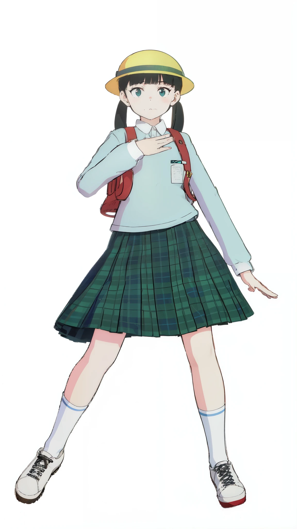 (white background:1.0), (best quality:1.0), (masterpiece:1.0), (super fine illustration:1.0), (beautiful artwork:1.0), (anime screencap:1.0), (official art:1.0), (full body:1.0), (solo:1.0), (ESGA:1.0), (a 12yo cute girl:1.0), (yellow hat:1.0), (red backpack:1.0), (long skirt:1.0), (green tartan skirt:1.0), (pleated skirt:1.0), (aqua blue polo shirt:1.0), (long sleeve polo shirt:1.0), (sneakers:1.0), (white socks:1.0), (ideal ratio body proportions:1.0), (lanky:1.0), (tall:1.0), (slender:1.0), (small breasts:1.0), (smaller face:1.0), (tareme:1.0), (detailed beautiful eyes:1.0), (detailed beautiful face:1.0), (glowing black eyes:1.0), (short hair:1.0), (low twintails:1.0), (black hair:1.0), (standing:1.0), (looking at viewer:1.0)